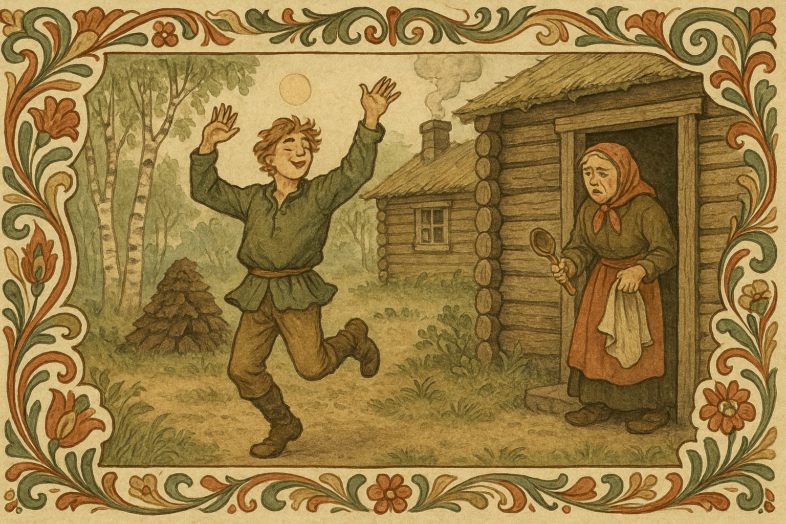 En ung gutt danser og synger utenfor en tømmerstue mens moren står i døråpningen og ser bekymret ut.