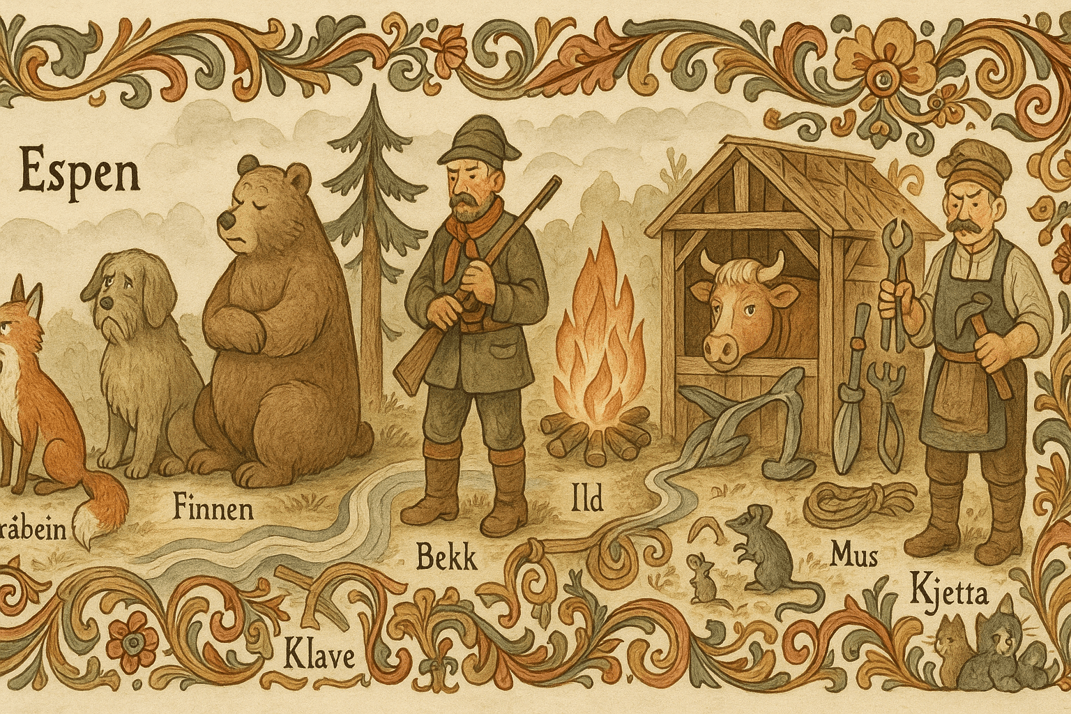 Espen går fra rev til rev; en lang kjede av dyr og gjenstander (rev, Gråbein, bjørn, finnen, furu, varme, vann, okse, klave, øks, smed, rep, musa, kjetta) som alle sier nei.