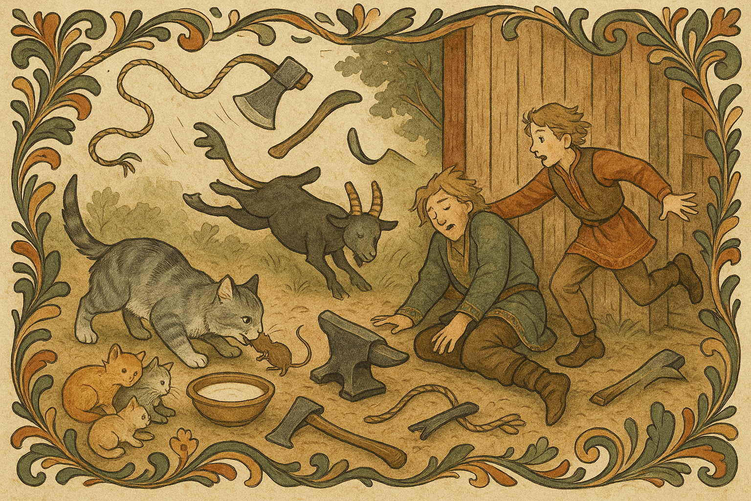 Kjetta får melk og biter musa; musa kutter repet og en kjede av hendelser gjør at Hårslå faller ved låveveggen og ligger skade, mens Espen kommer til.