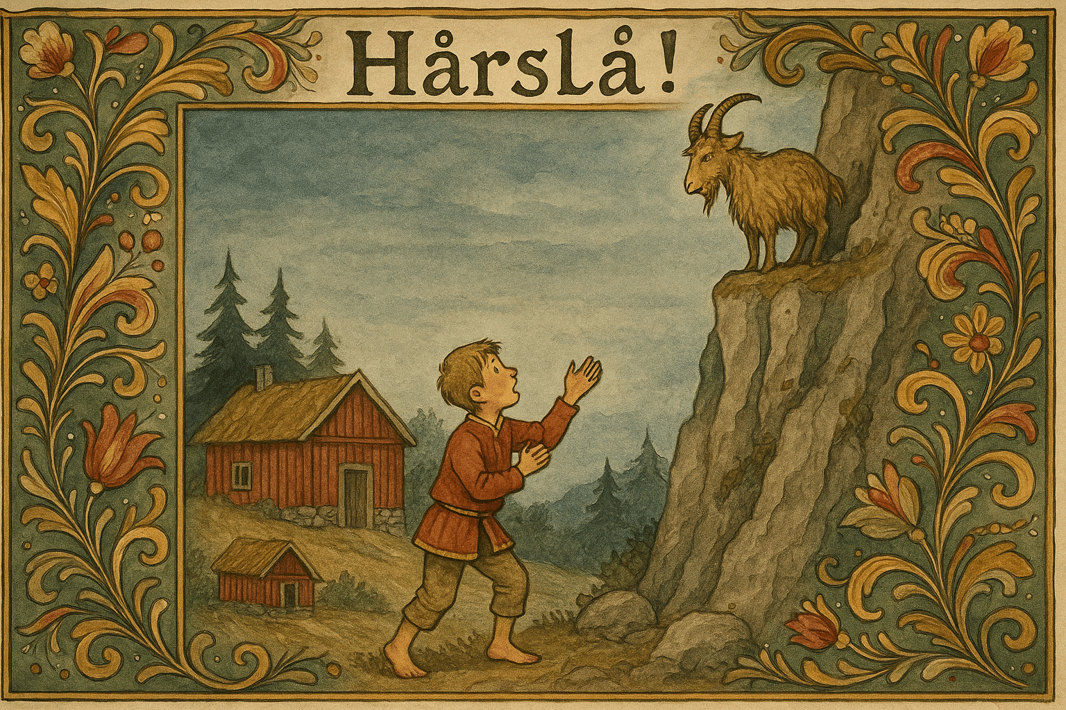 Espen står under en berghammer og roper opp til geita Hårslå som står på en smal steinstripe; et rødt låvebygg og furuskog i bakgrunnen.