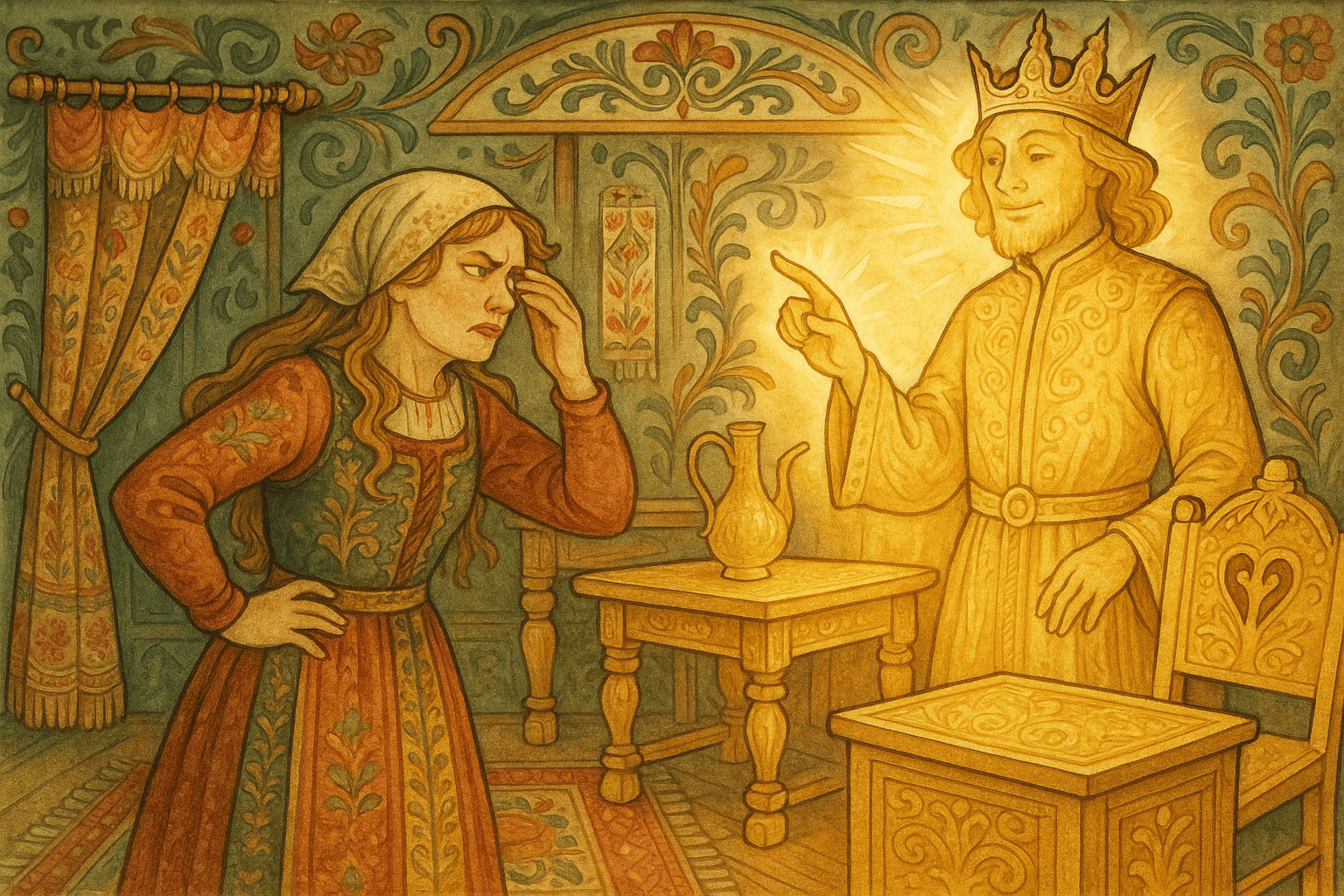 Håken i gullkappe snapper med fingrene og gjør gulv, tak og møbler til gull mens kongsdatteren skjuler øynene i overraskelse. Rommet har nordiske tekstiler og utskårne møbler som blir forgylt.