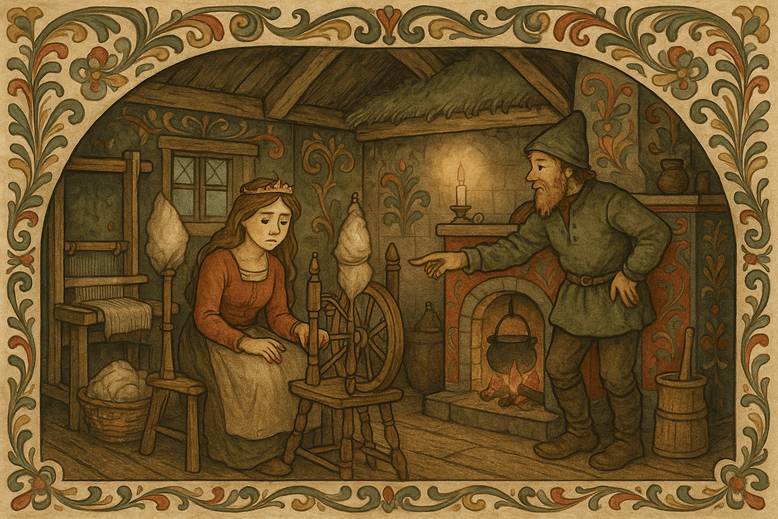 I et lite torvtakshus sitter kongsdatteren ved en rokk med blodige fingertupper mens Håken forklarer hvordan hun skal gjøre opp ild og lage mat. Enkle husredskaper og ull ligger spredt i det dunkle rommet.