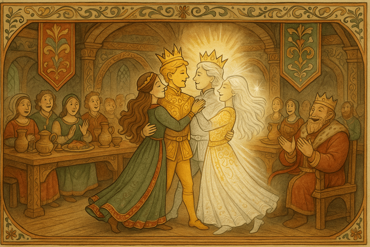 Under bryllupsfesten danser Håken og kongsdatteren mens han forvandles til gull-, sølv- og diamantkappe og hun aksepterer ham i alle skikkelser. Hoffet ser forbløftet på når forbannelsen brytes og glede fyller salen.