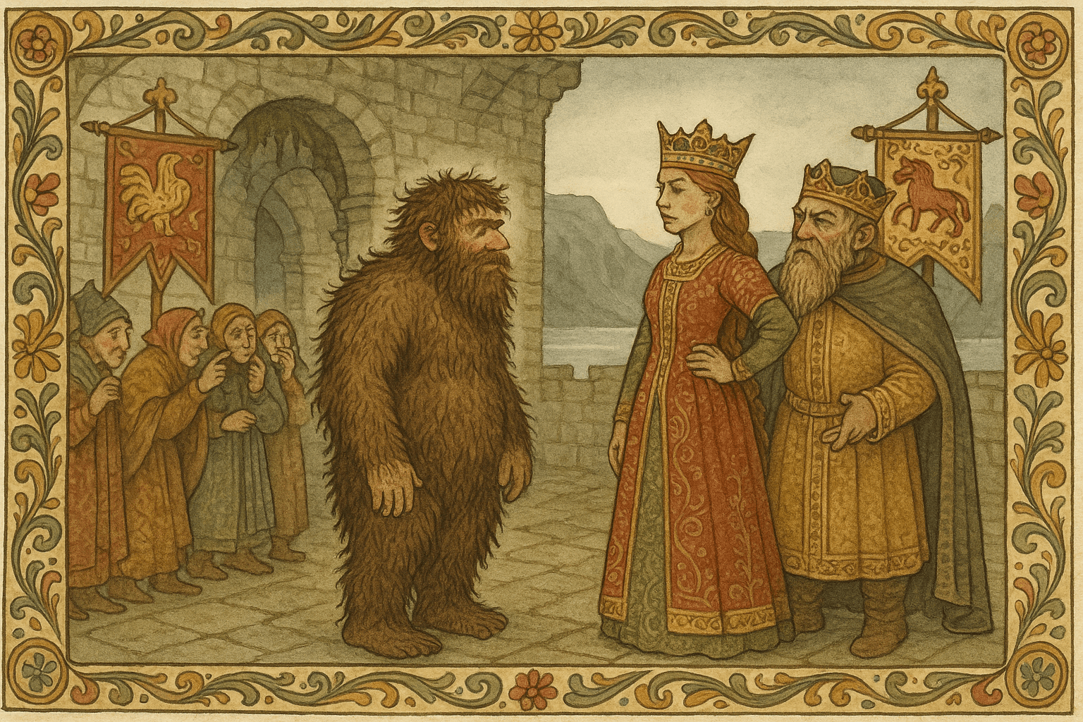 En skjeggete, bjørneliknende ung mann står foran en hovmodig kongsdatter og en skeptisk konge i en steinborgs gårdsplass. Hoffmenn hvisker og peker mens kongen kunngjør at den som lurer prinsessen tre ganger vil vinne henne.