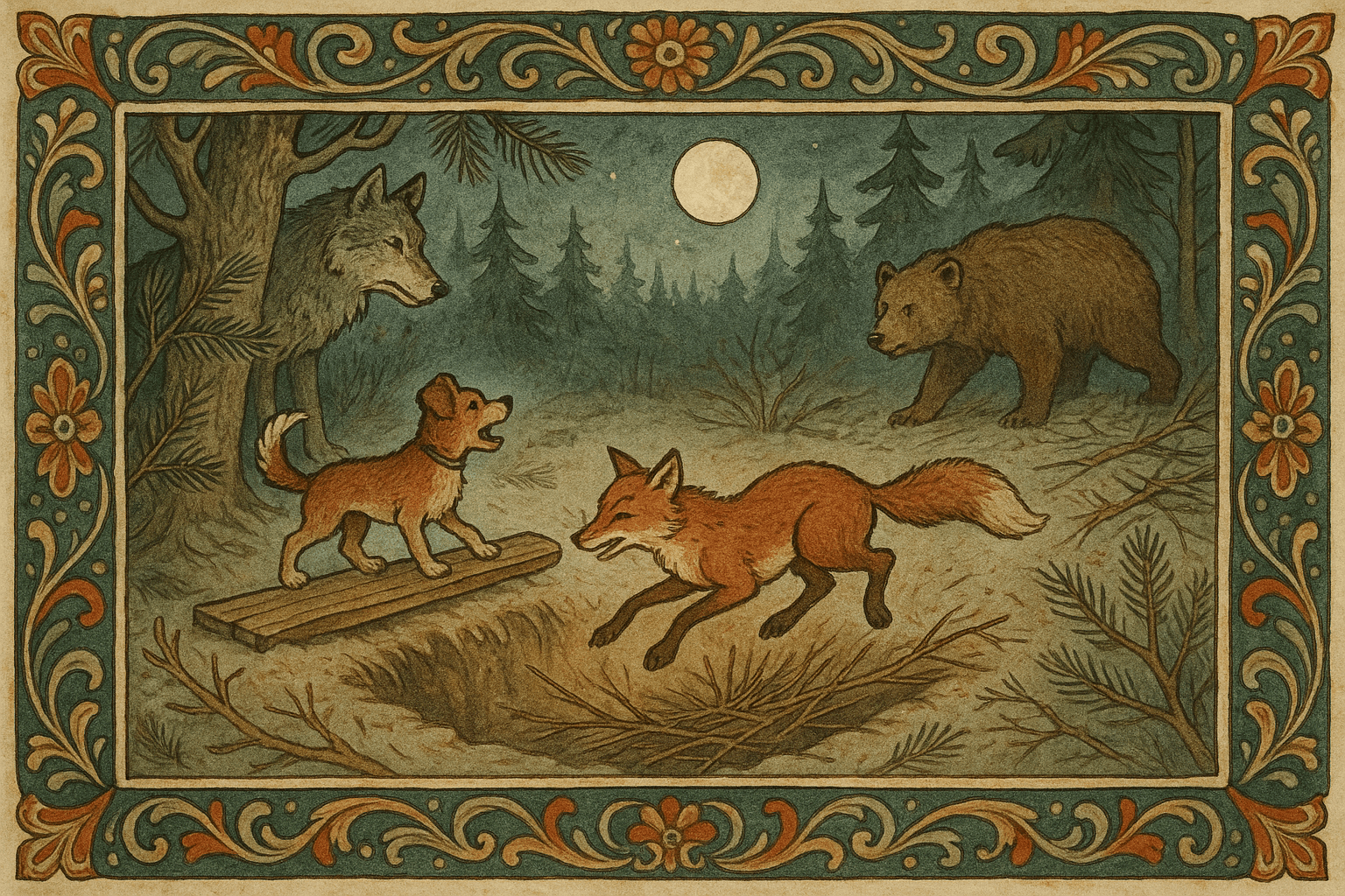 Måneskinn viser hvordan en rev hopper og faller ned i den kamuflerte ulvestua mens hunden bjeffer, og gråbein og et fjernt bjørneomriss venter i bakgrunnen.