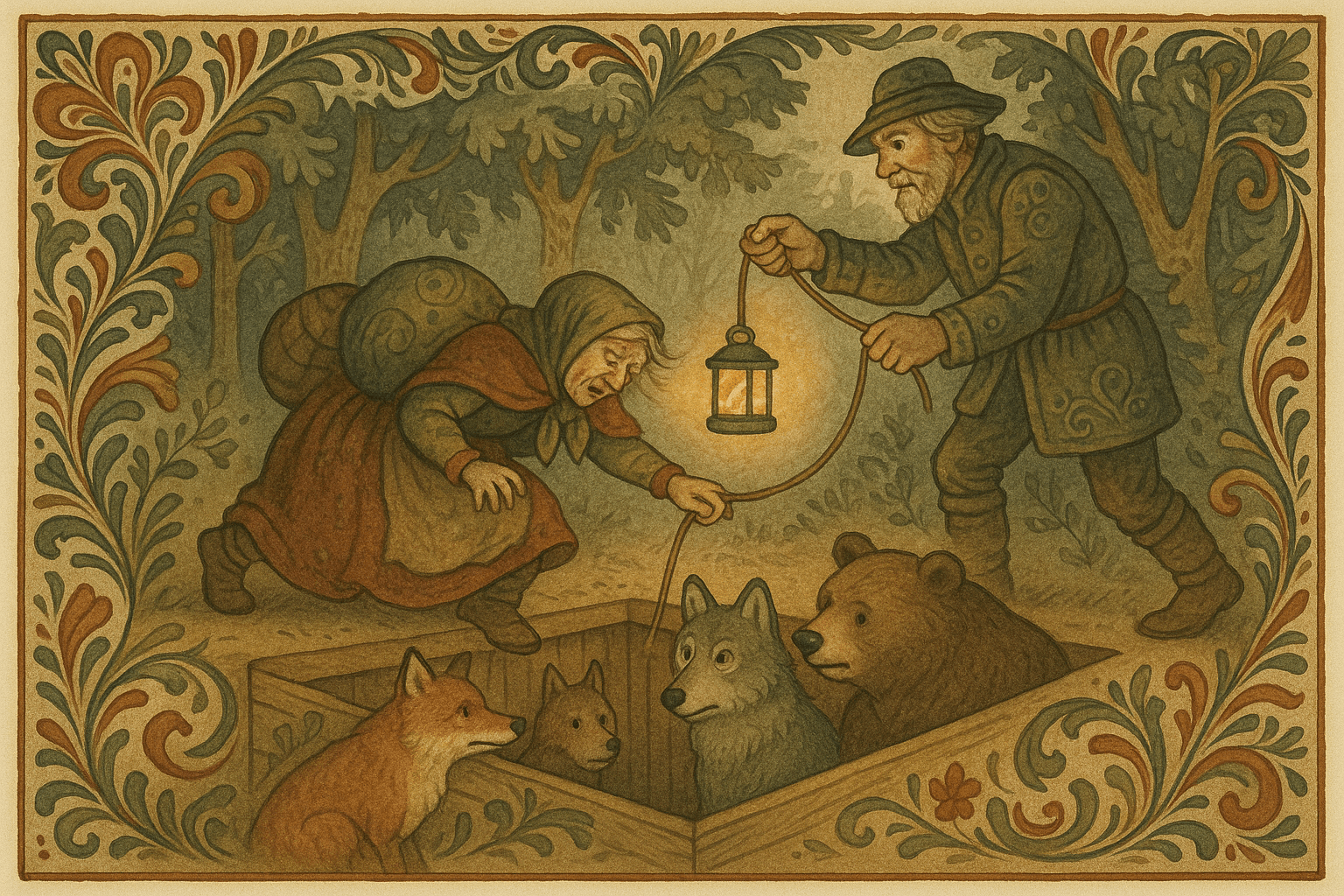 Ei gammel kjerring faller ned i ulvestua med posen over hodet, og mannen som eier fella kommer frem og drar henne opp mens dyrene sitter i gropen.