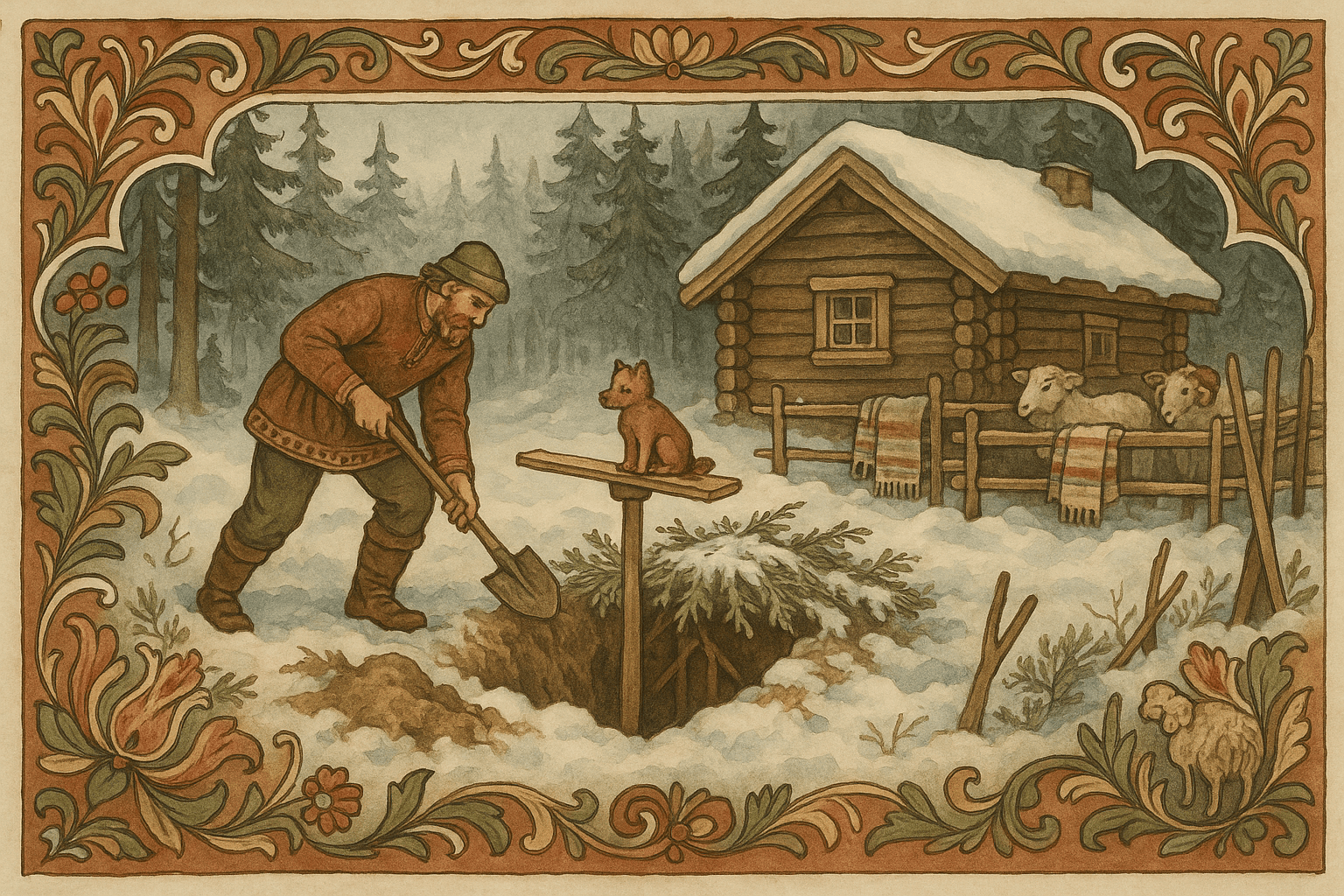 En mann graver en ulvestue i en snødekt granskog ved en tømmerhytte; en liten hund sitter på en treplanke over gropen, mens sauer og geiter står i nærheten.