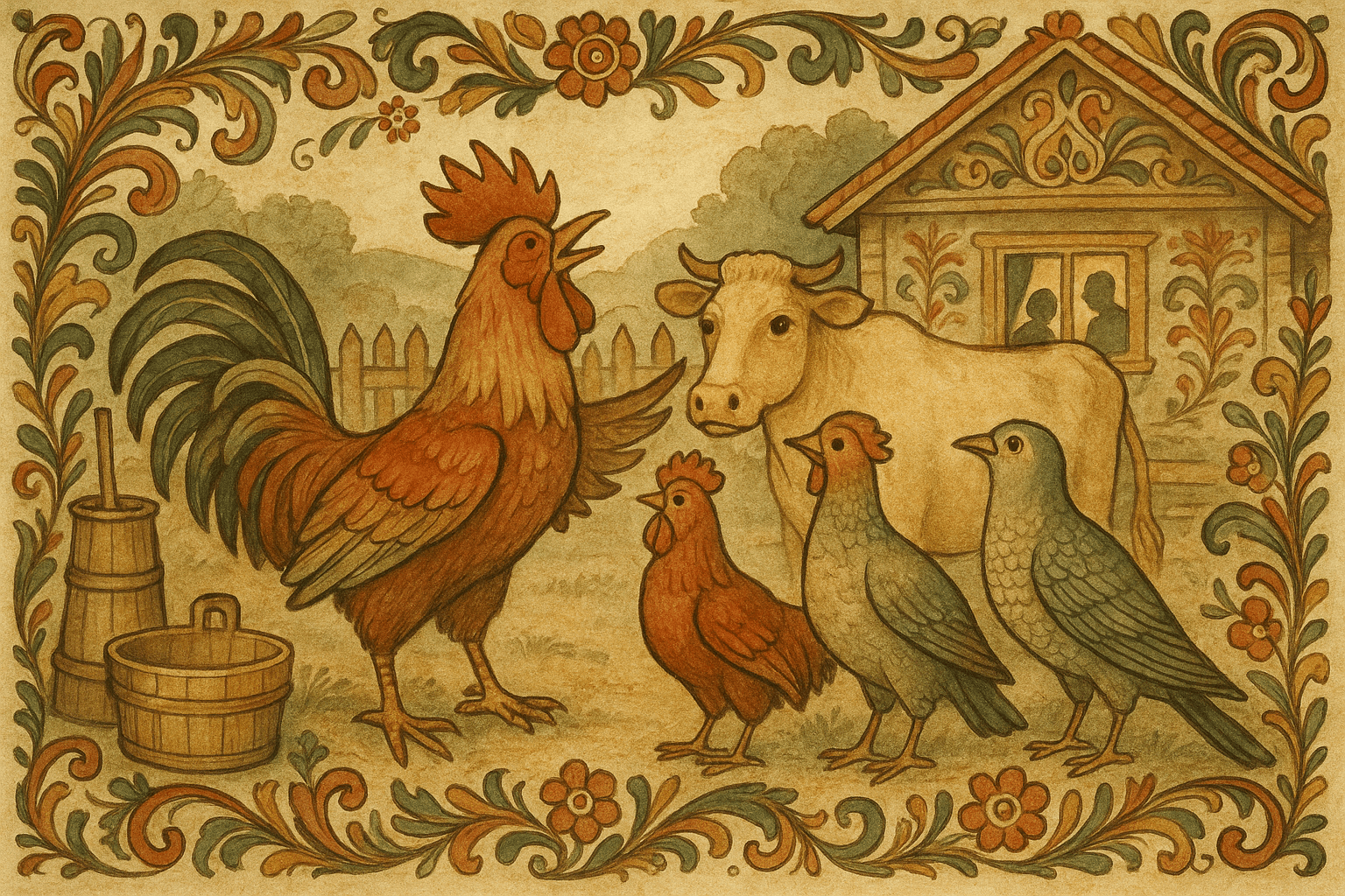 Århanen står mellom de to andre fuglene og taler bestemt mens de lytter, og kua står rolig mellom dem foran låven.