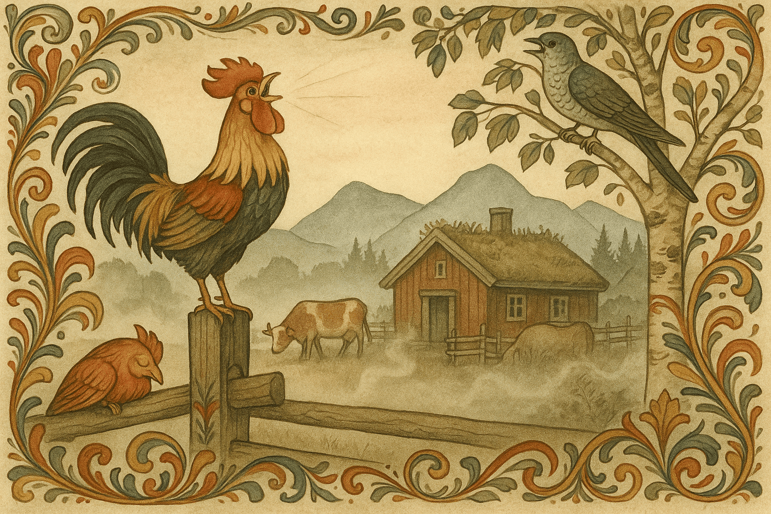 Hanen galer på et gjerde ved soloppgang, gauken svarer fra en bjørk, og kua står i innhegningen foran et torvtakhus med fjell i bakgrunnen.