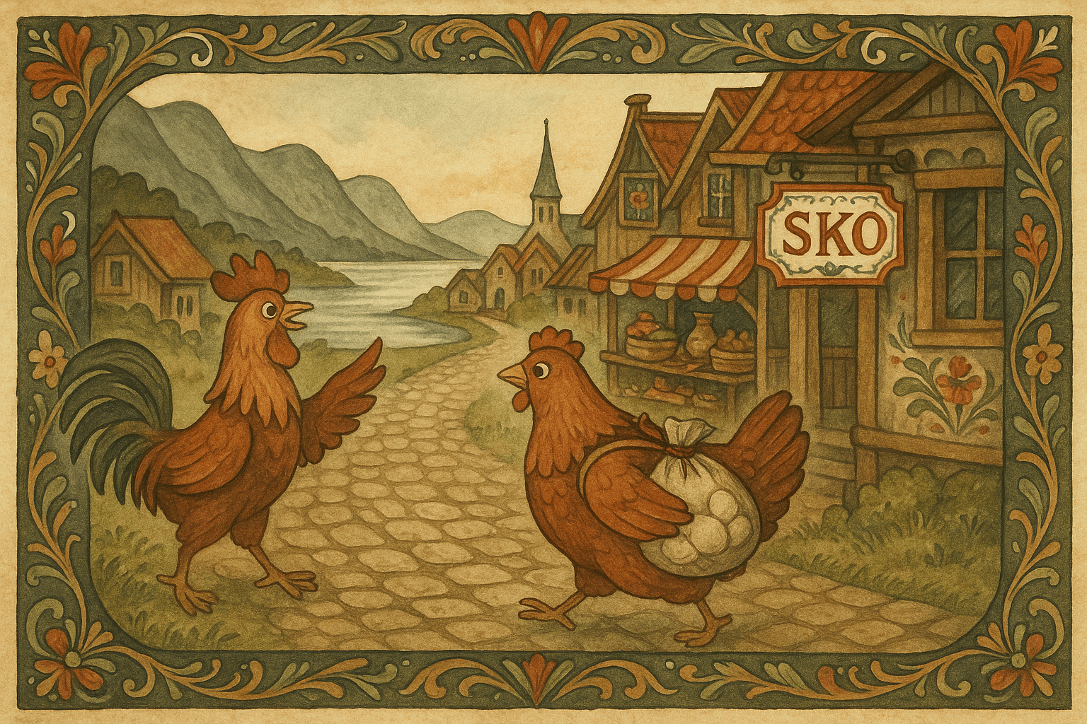 Høna går med en sekk egg langs en brosteinsgate mot byen der en butikk skilter 