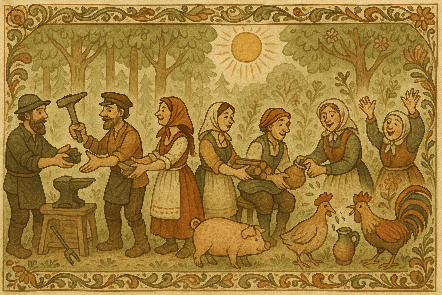 En kjede av personer og dyr gir hverandre ting langs en skogssti, og til slutt heller hanen vann i tuppas nebb mens de andre jubler.