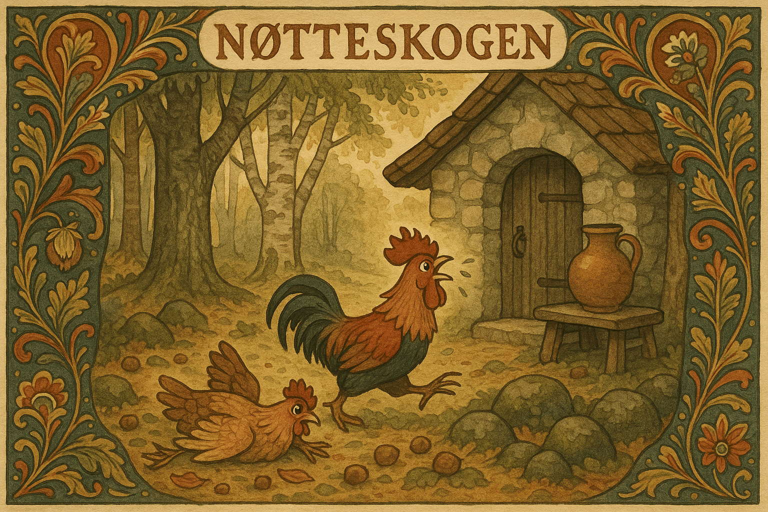 Hanen løper mot en stor keramikk-olla ved en liten stue i nøtteskogen, mens høna ligger og flakser svakt på bakken i forgrunnen.