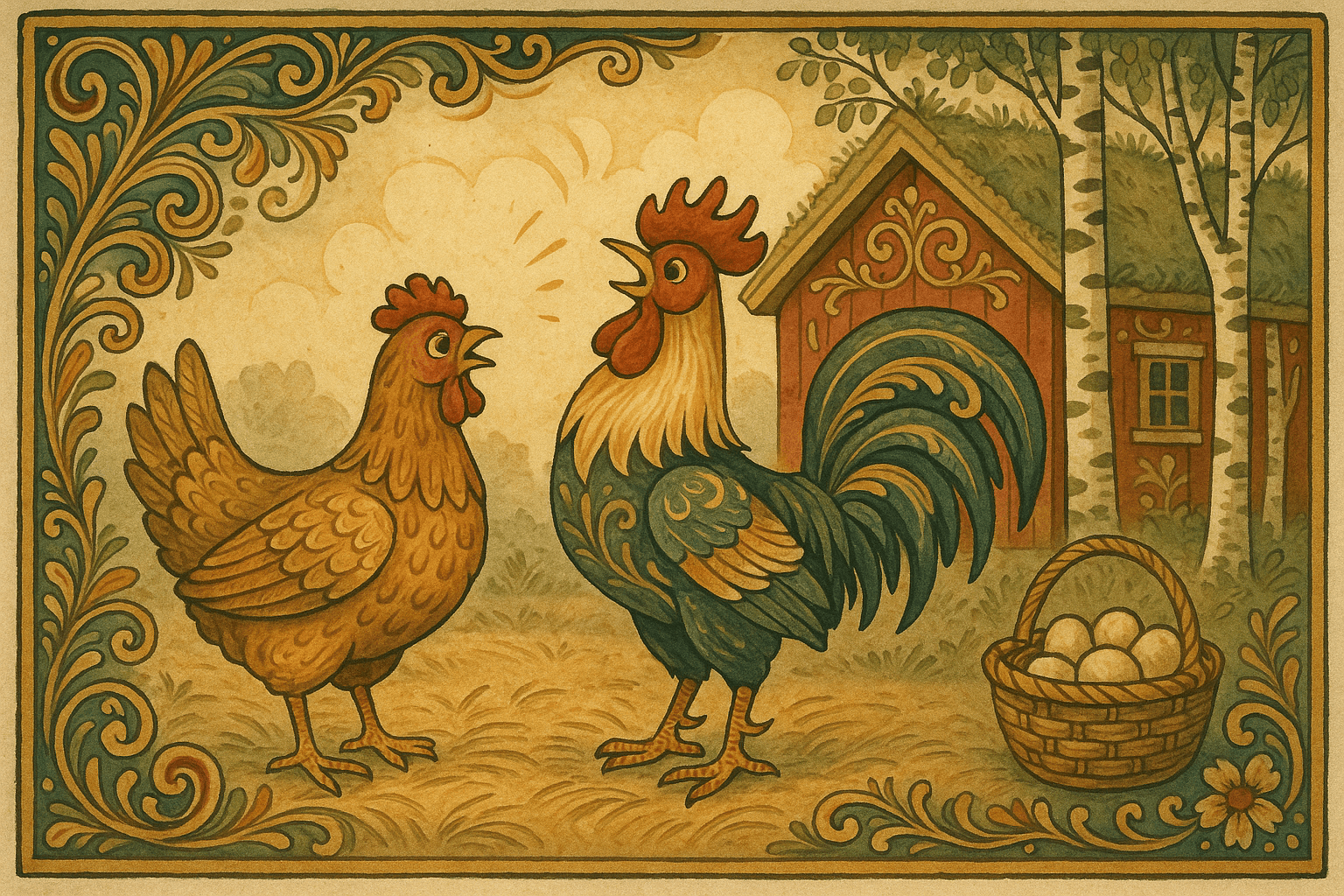 En bekymret høne står barføtt i låvegulvet og klager til hanen som lover sko. Et rødt trehus med torvtak og en kurv med egg viser gårdsmiljøet.