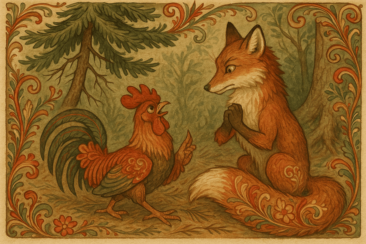 Reven presser hanen i bakken under en kvistegran mens hanen ber reven krosse seg, før han flyr opp i et tre.