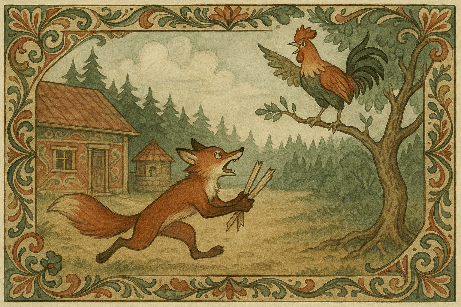 Reven kommer tilbake med skråflister og later som det er brev fra paven, men flykter i panikk når hanen roper at han ser en skytter.