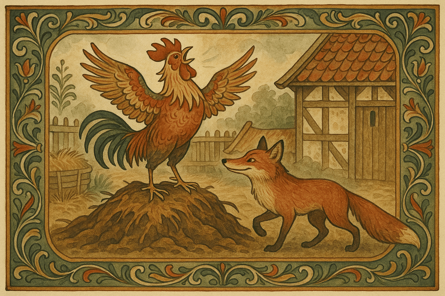 En stolt hane står på en møkkhaug på en norsk gårdsplass mens reven Mikkel sniker seg fram med et lurt blikk.