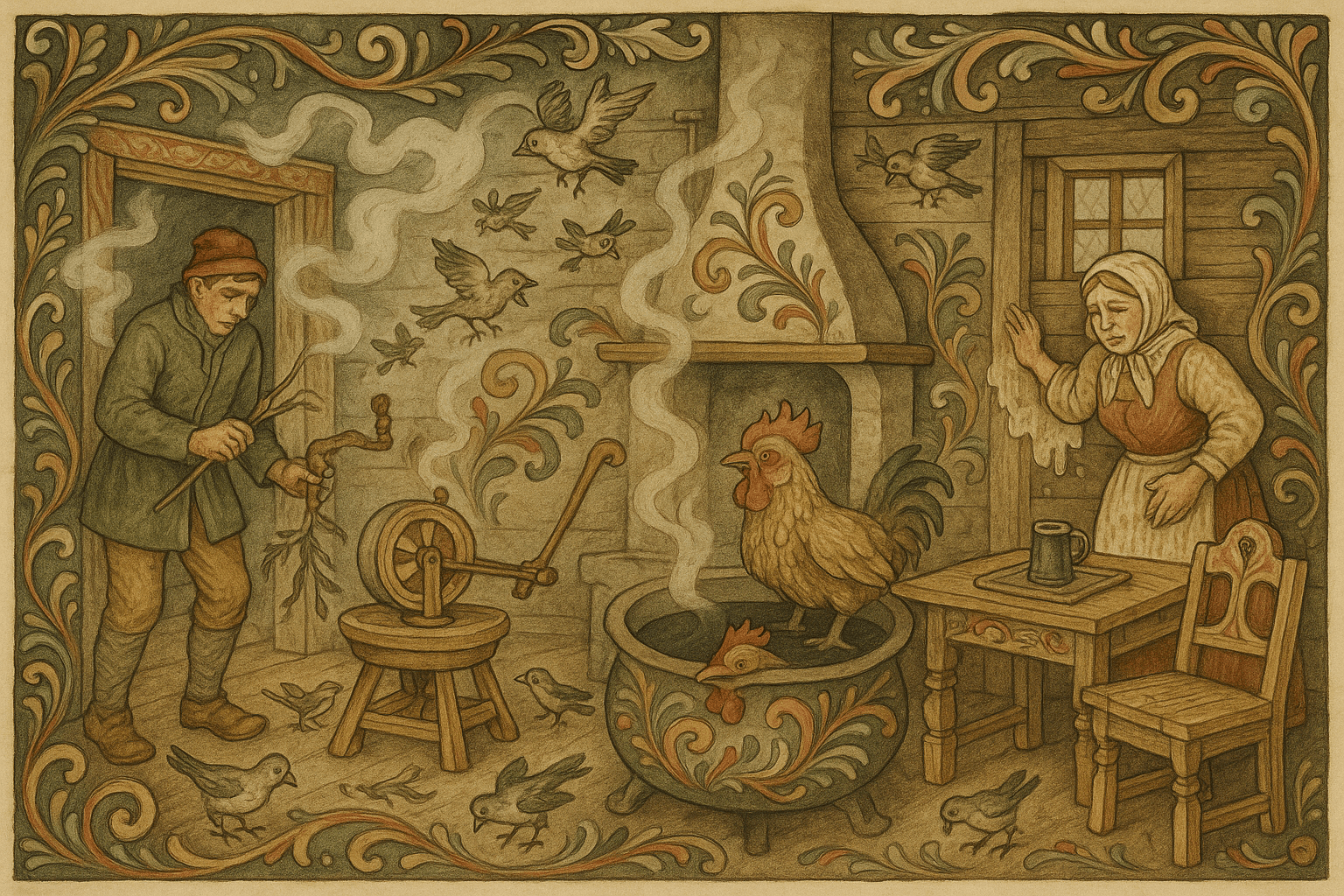 I kjøkkenstua sitter hønemor på murhylla og sørger ved bryggekaret hvor hanen ligger druknet; kvern og møbler rører seg, fuglene plukker fjær, mannen river lim og kjerringa smører graut på veggene.