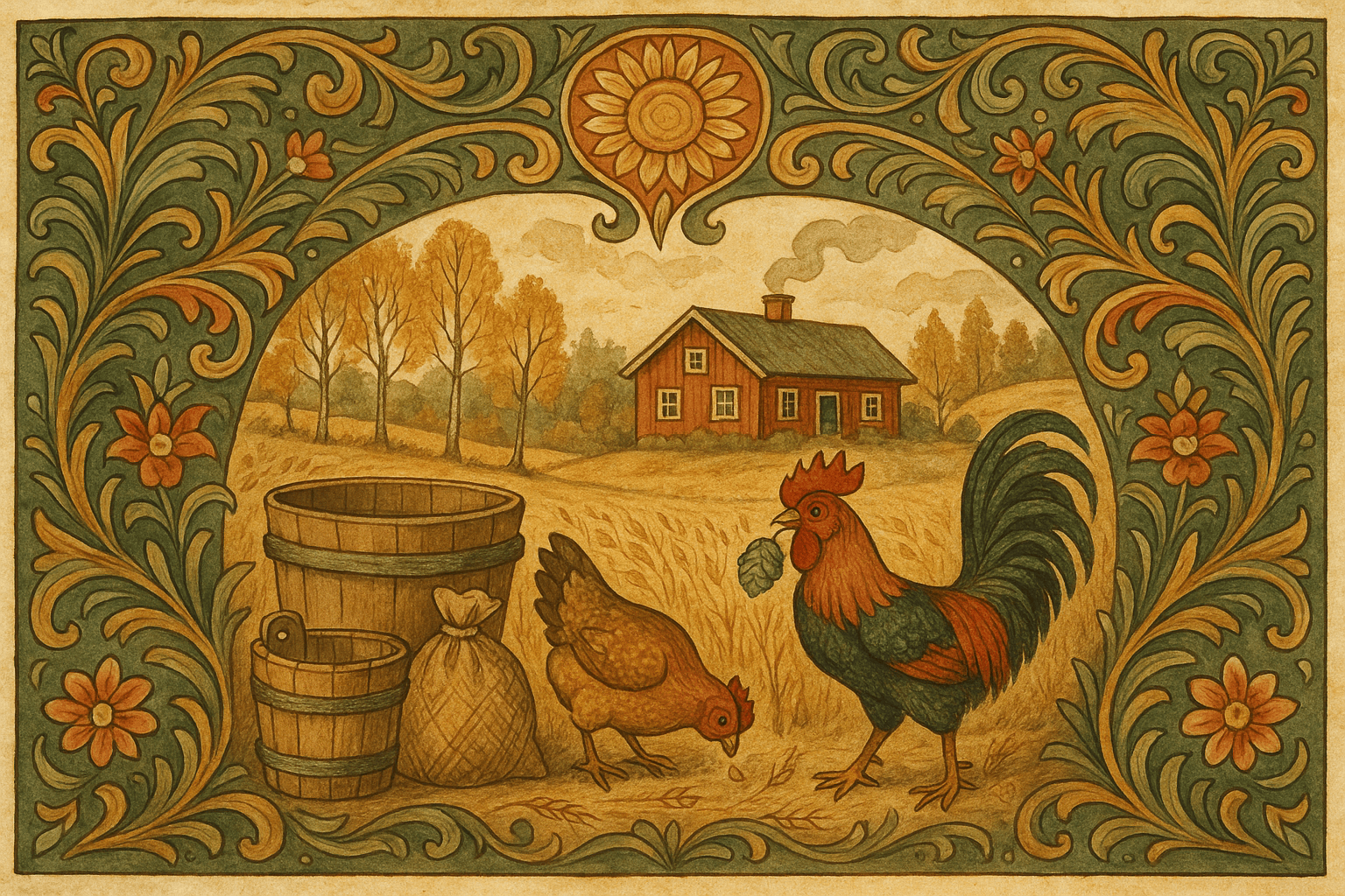 En høne og en hane plukker bygg på en åker ved et rødmalt hus; høna finner et byggkorn, hanen holder en humlekoll.