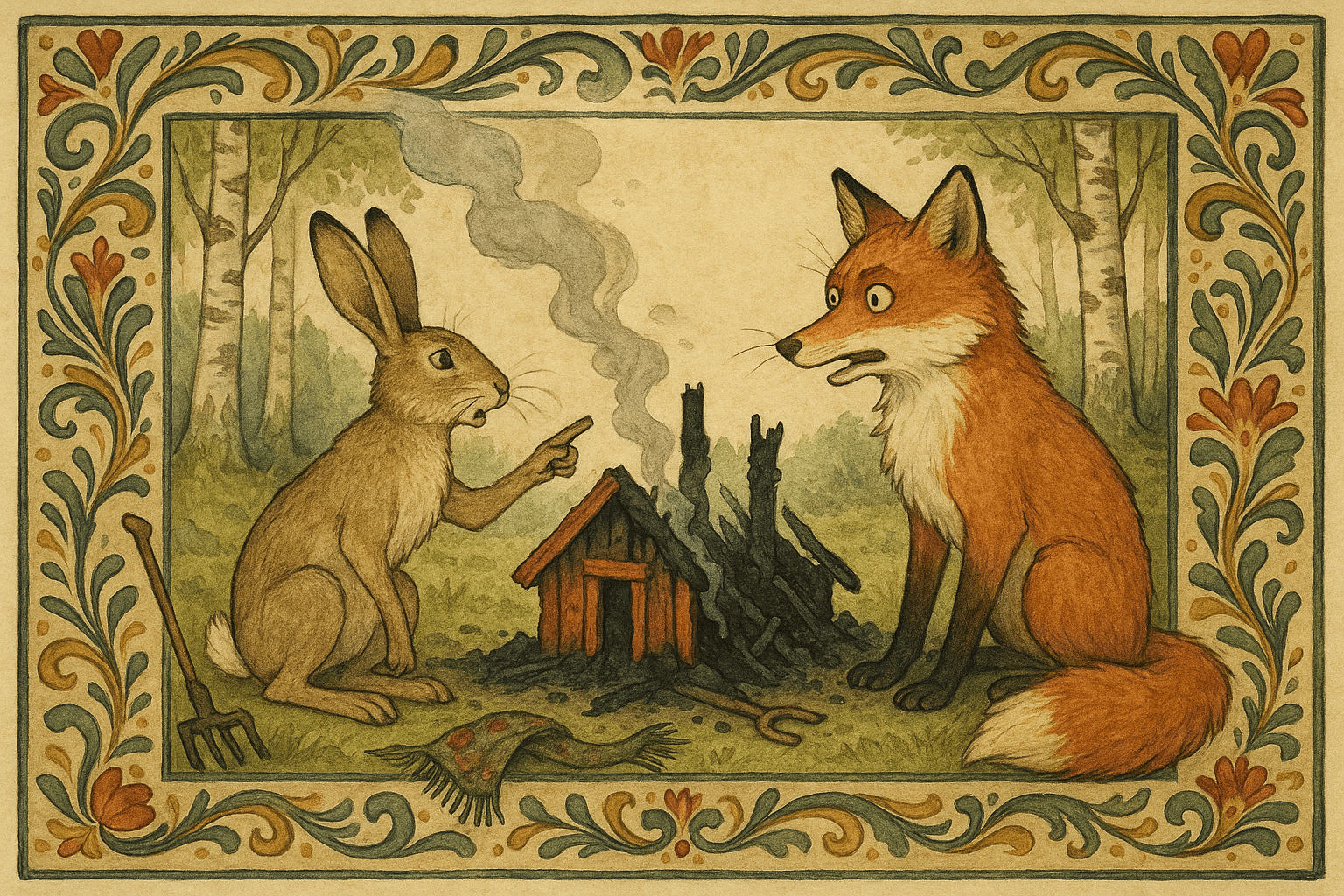 Haren snakker med reven ved en brent stue, med røyk og aske rundt og en forkullet sjal på bakken. Reven ser forbauset ut mens haren peker mot ruinene.