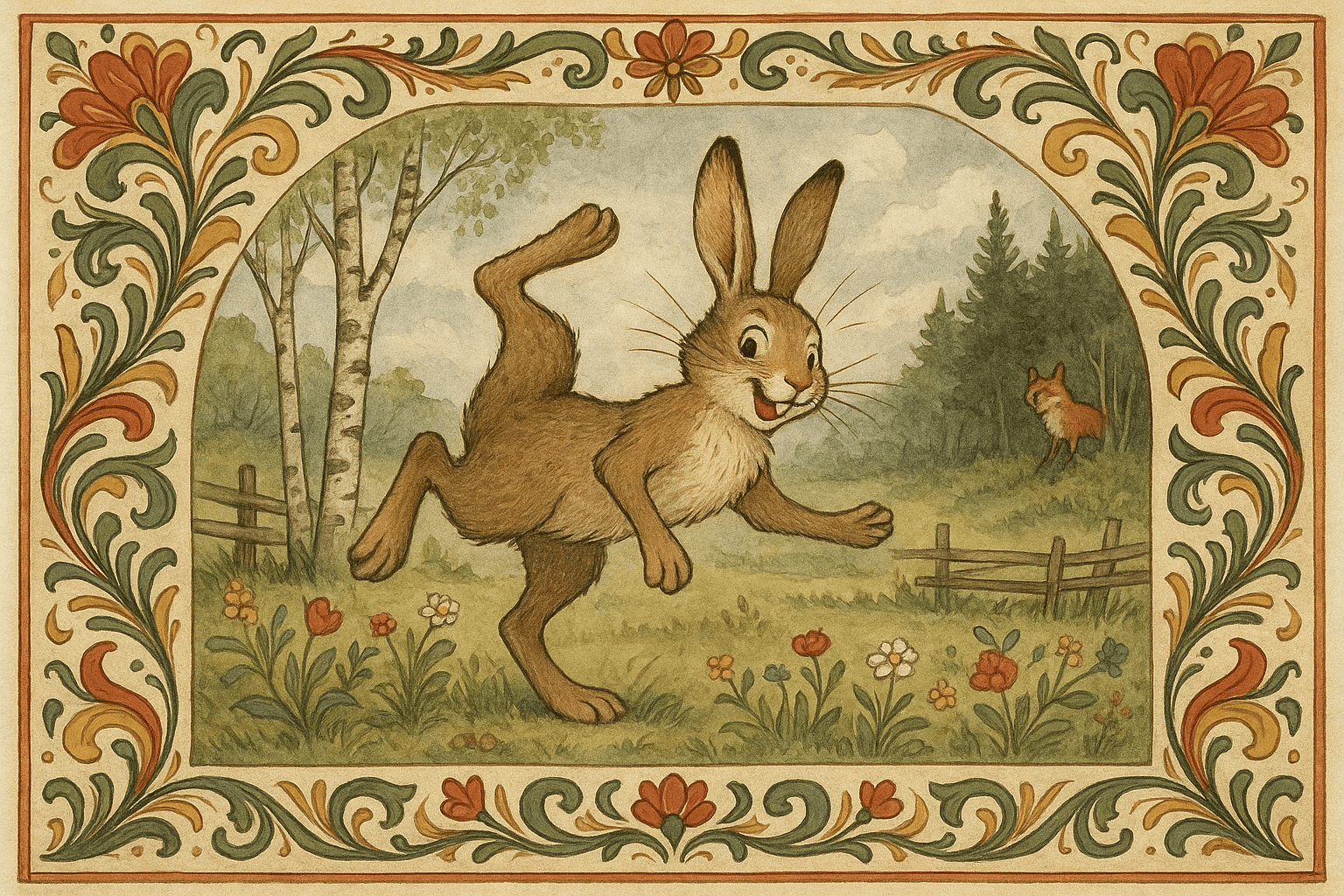 En glad hare gjør rundkast og står på to bein i en grønn eng med bjørker og blomster. En rev lurer i skogkanten.