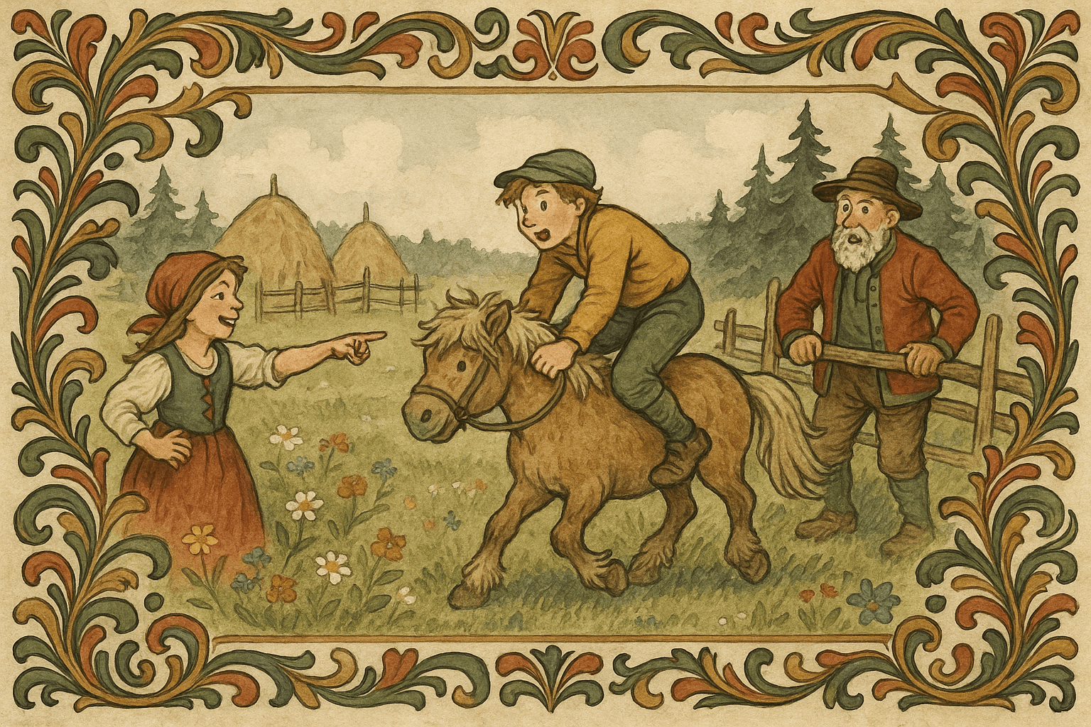 En ung gutt rir av gårde på den vesle blakke etter at jenta listig har pekt ut den som skal hentes, med enga og en nabo i bakgrunnen.