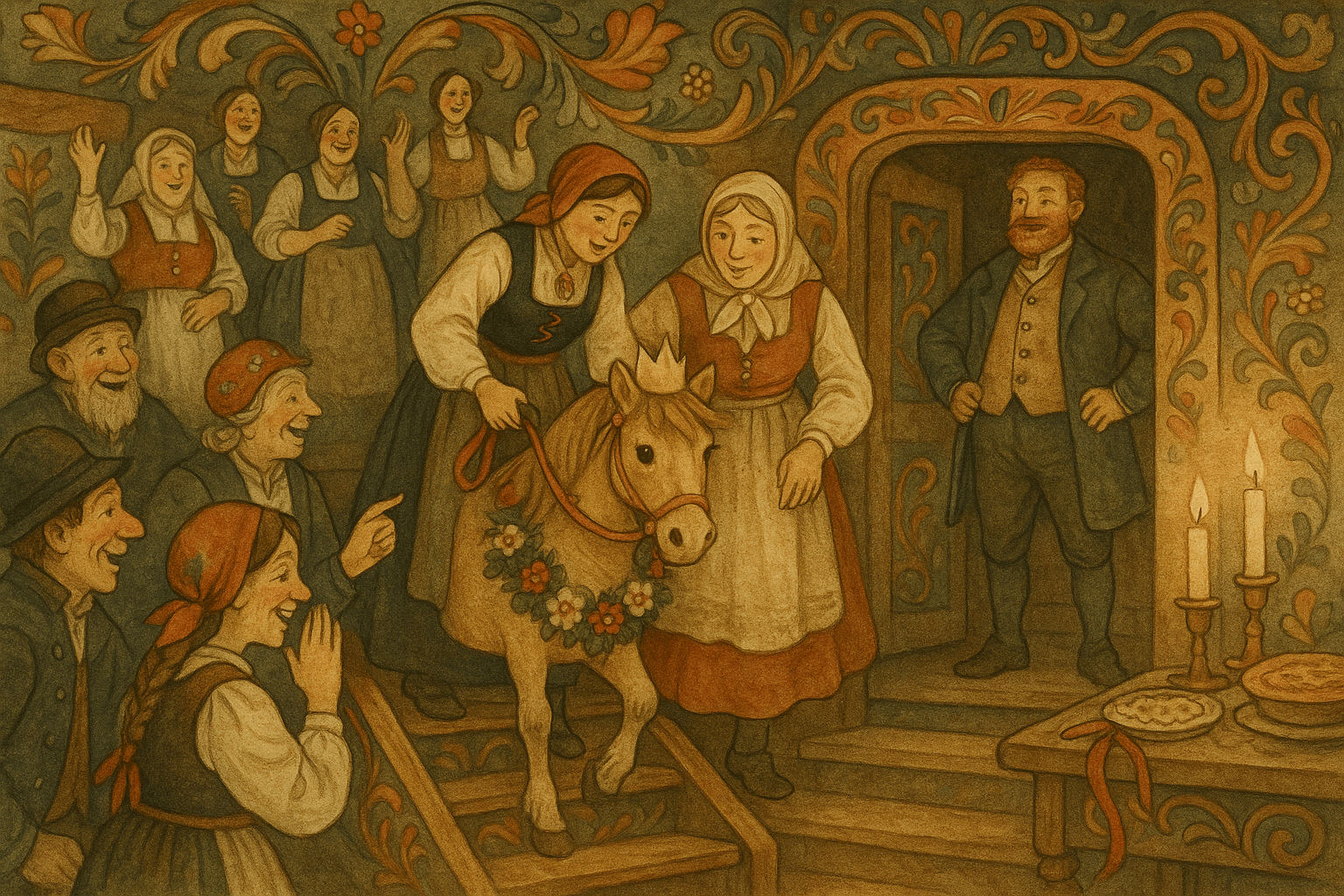 En lite pyntet merra med krans og krone føres inn i stuen som «brud», mens gjestene ler og herremannen ser fornøyd ut.