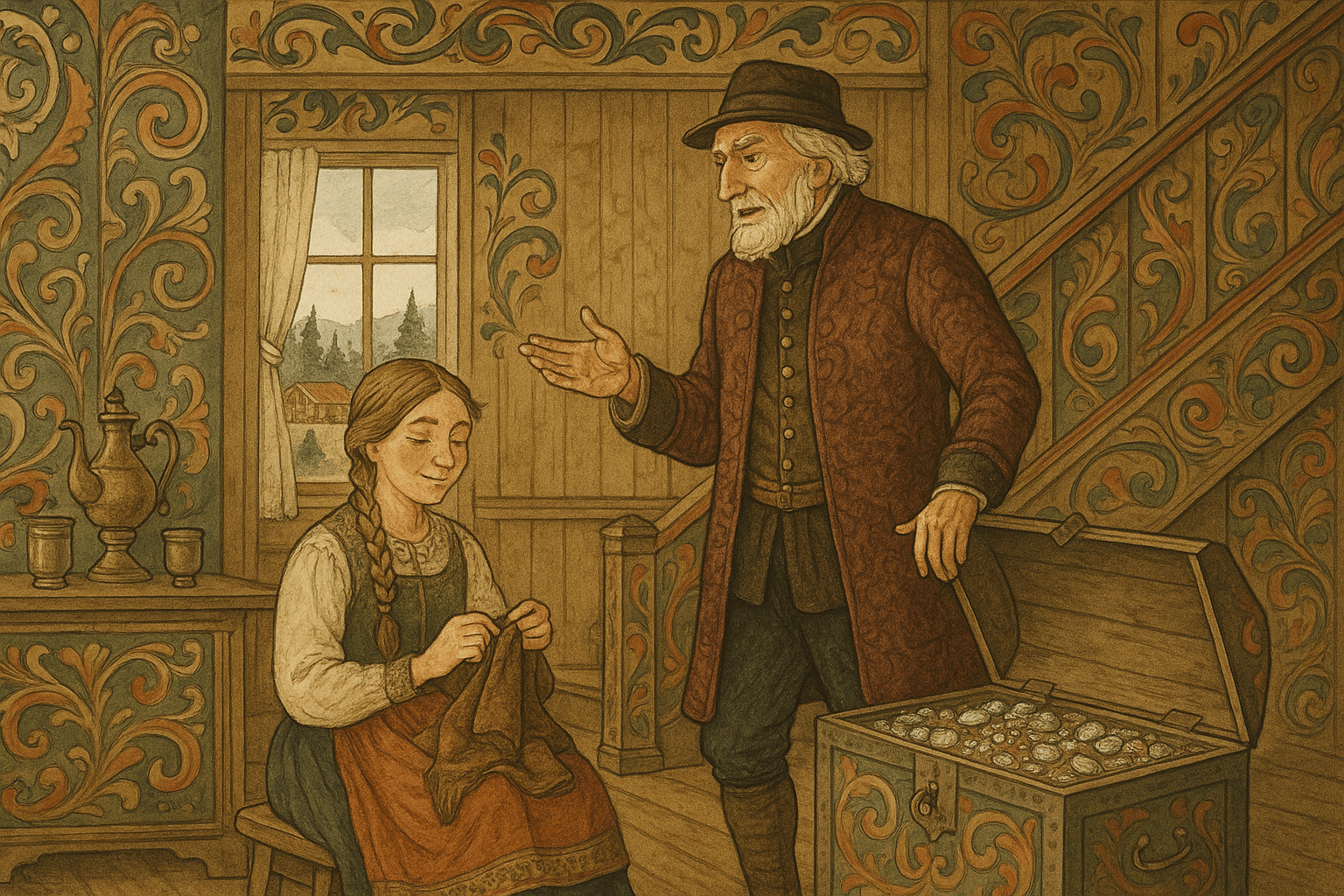 En eldre herremann ved en sølvfylt kiste ber en ung tjenestepike om å gifte seg mens hun syr ved vinduet og ser nølende ut.