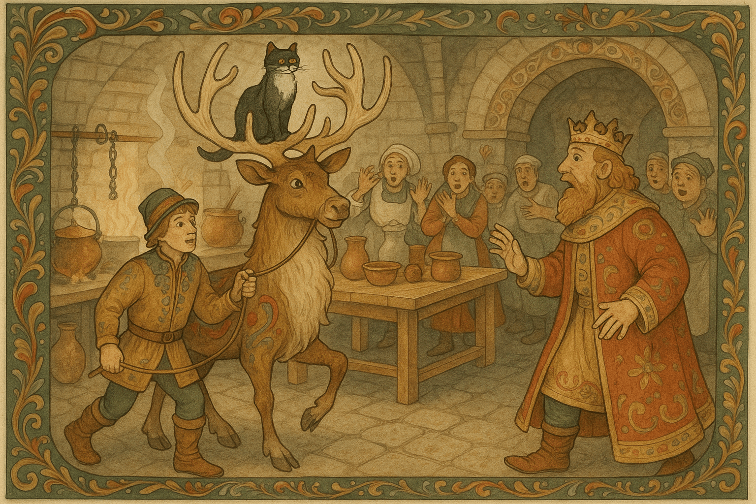 Katten sitter mellom reinsdyrhornene og fører reinsdyret inn i kongsgårdens travle kjøkken mens Per står ved siden av og kongen ser forundret på.