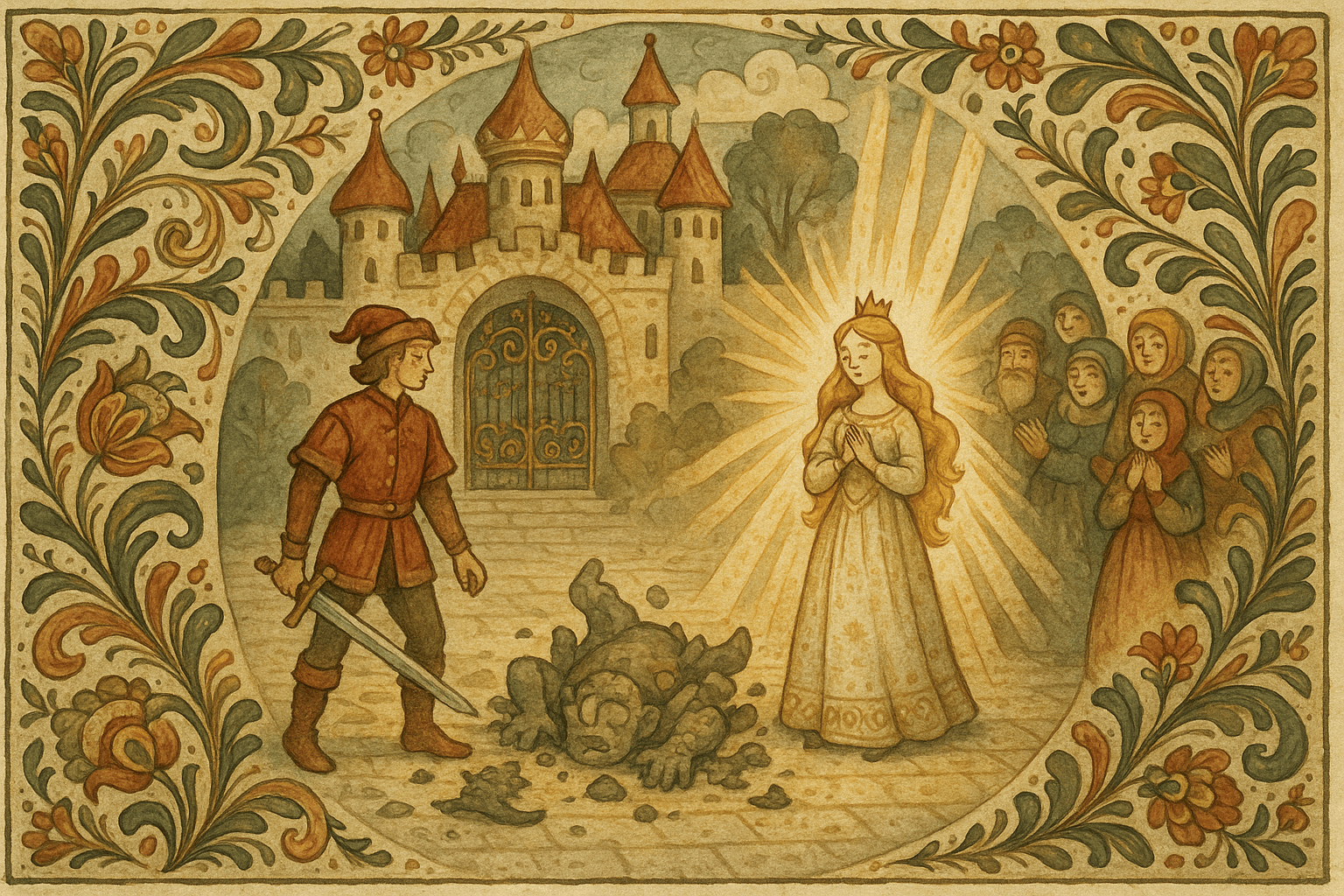 Herreper står med sverd foran et skinnende slott mens katten forvandles til en prinsesse og det samme trollet ligger sprukket i bakgrunnen.