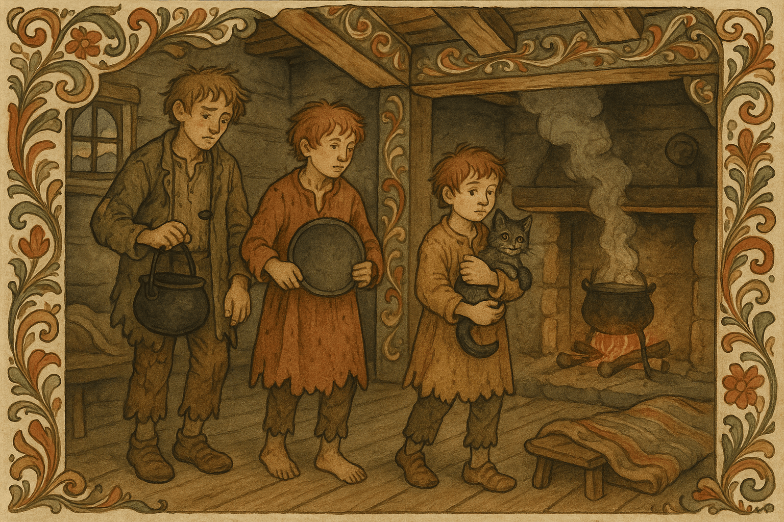 Et fattig norsk kammers der tre brødre gjør seg rede til å dra; yngste Per holder katten ved en ildsted, med en gryte og en takke synlige.