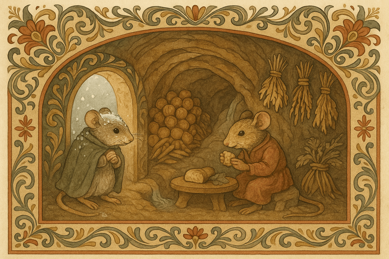 Hjemmusa kommer inn i fjellmusas jordhule med lagrede nøtter, sisselrøtter og en liten oppkomme; de spiser ved tunnelingangen.