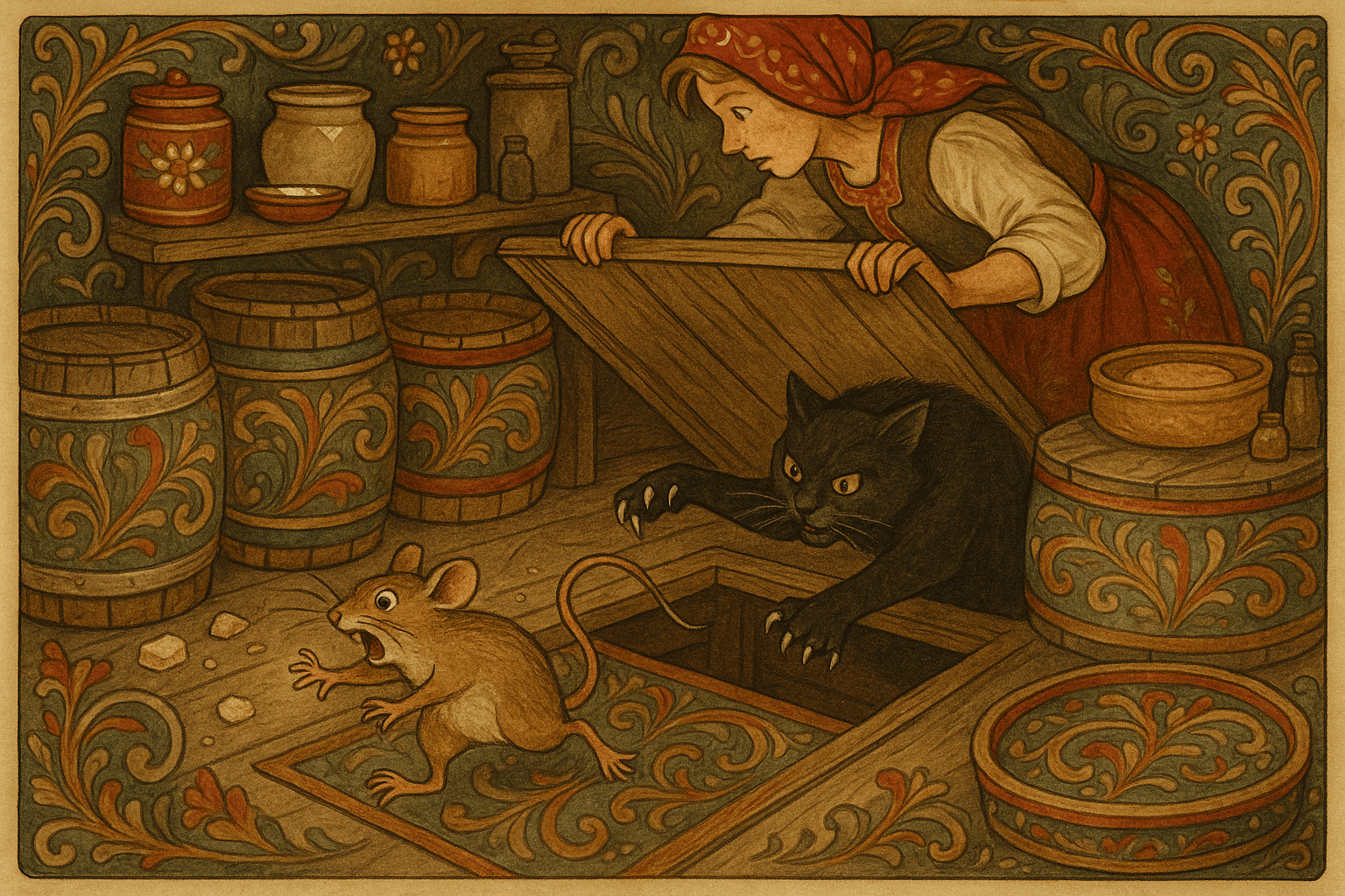 I kjelleren ruller en beruset fjellmus mellom øltønner mens katten angriper ved kjellerlemmen; kona lukker lemmen og fjellmusa slipper.