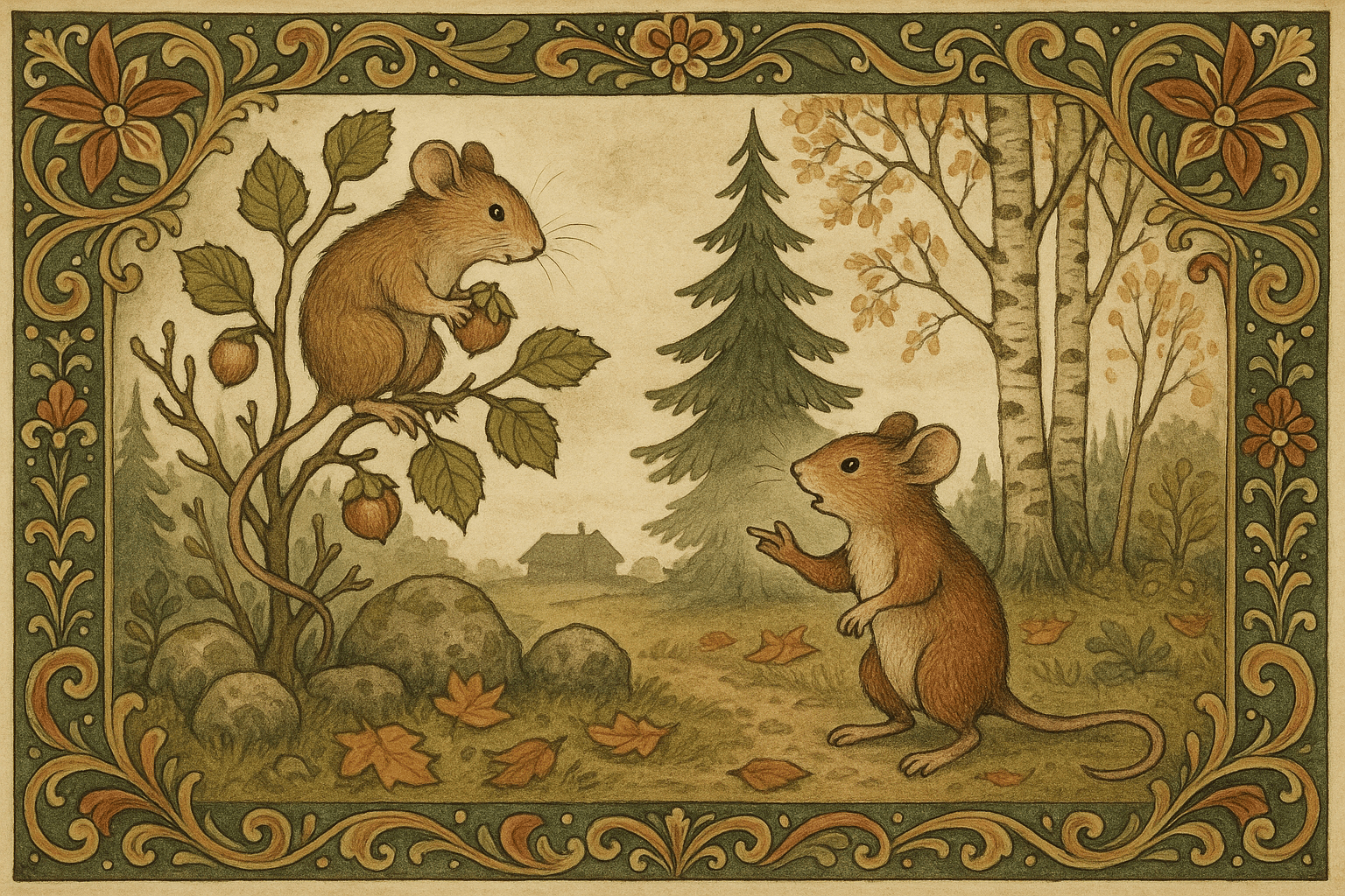 To mus møtes i skogbrynet ved et haslekjerr; den ene plukker nøtter, den andre står på stien og gestikulerer.