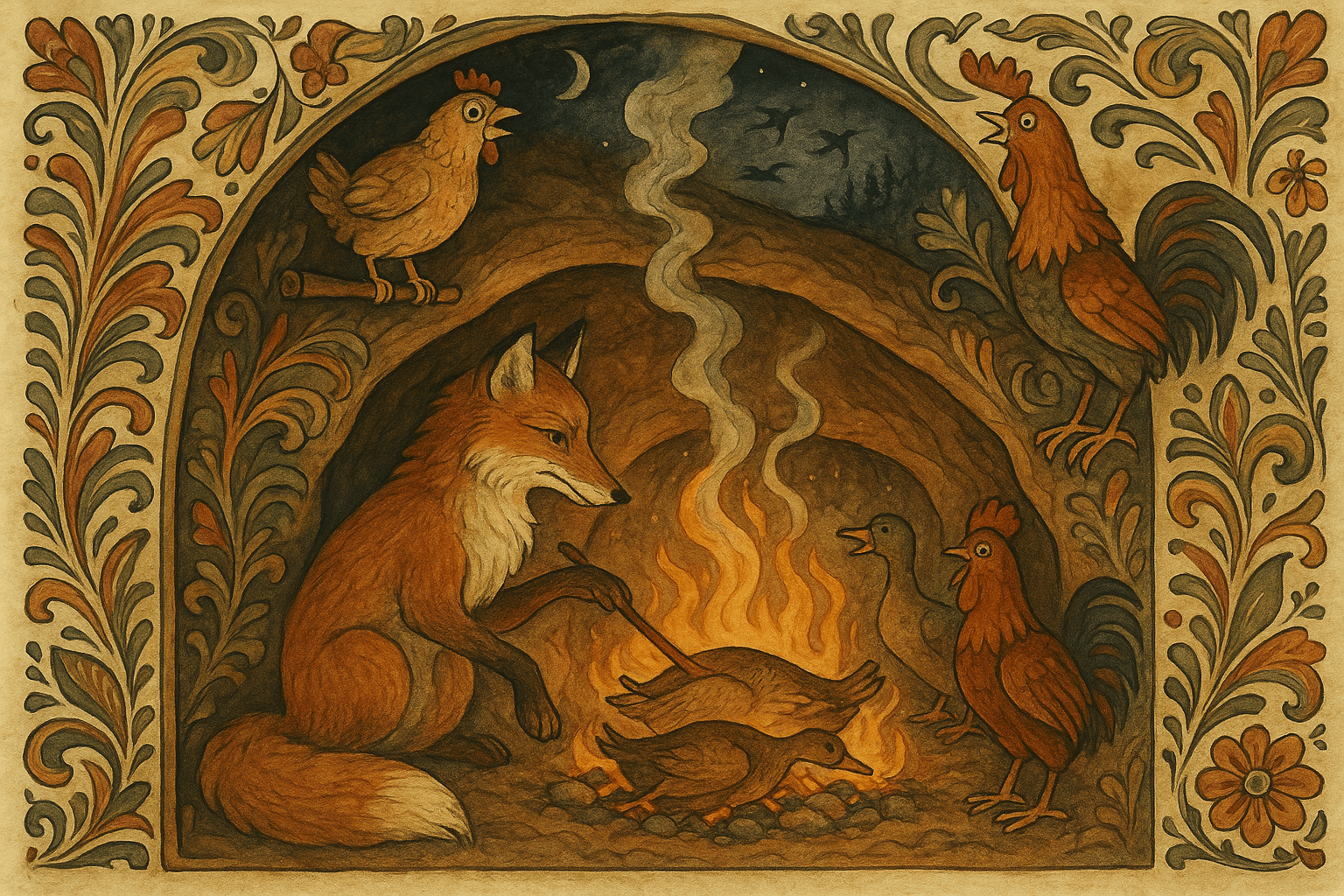 I revens hi steker reven en gasse og en and ved ilden; høna sitter øverst og kikker opp gjennom pipa mens hanen våkner.