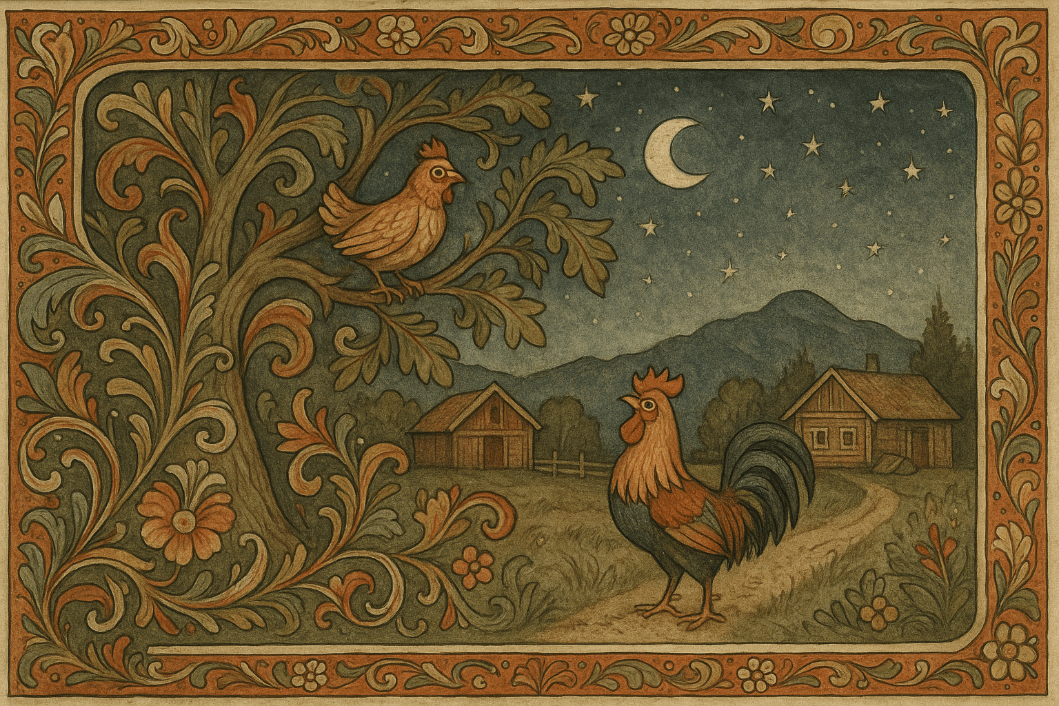 En høne sitter i en stor eik om kvelden mens en hane står ved treets fot; i bakgrunnen ses Dovrefjell under stjernene.