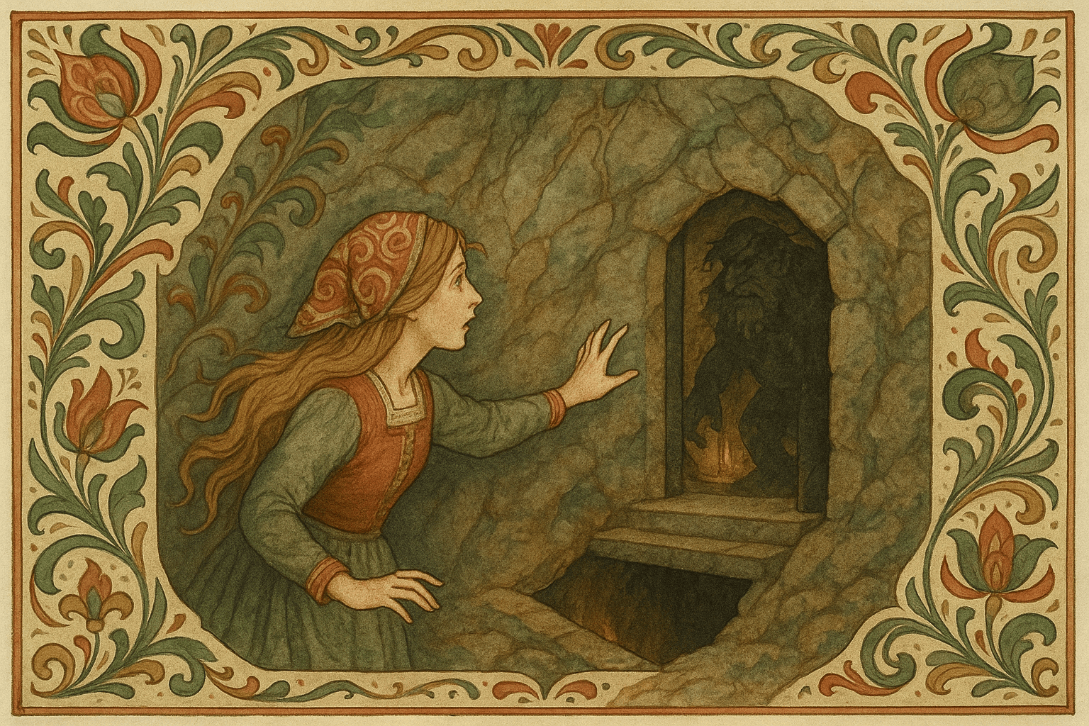 Den eldste datteren faller gjennom en lem i bergveggen, mens en tung skygge av en bergmann venter i hulen under.