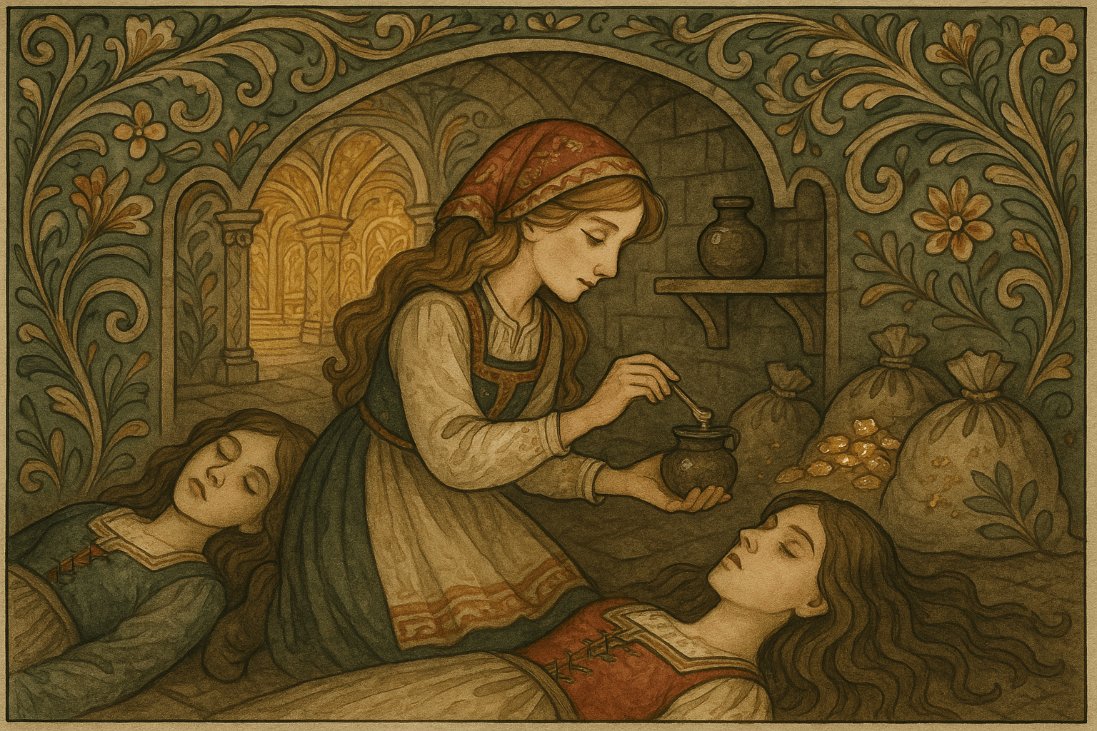 Den yngste datteren smører en krukkes væske på den eldste søsterens hals i en kjeller, mens gull og sølv ligger i sekker nær henne.