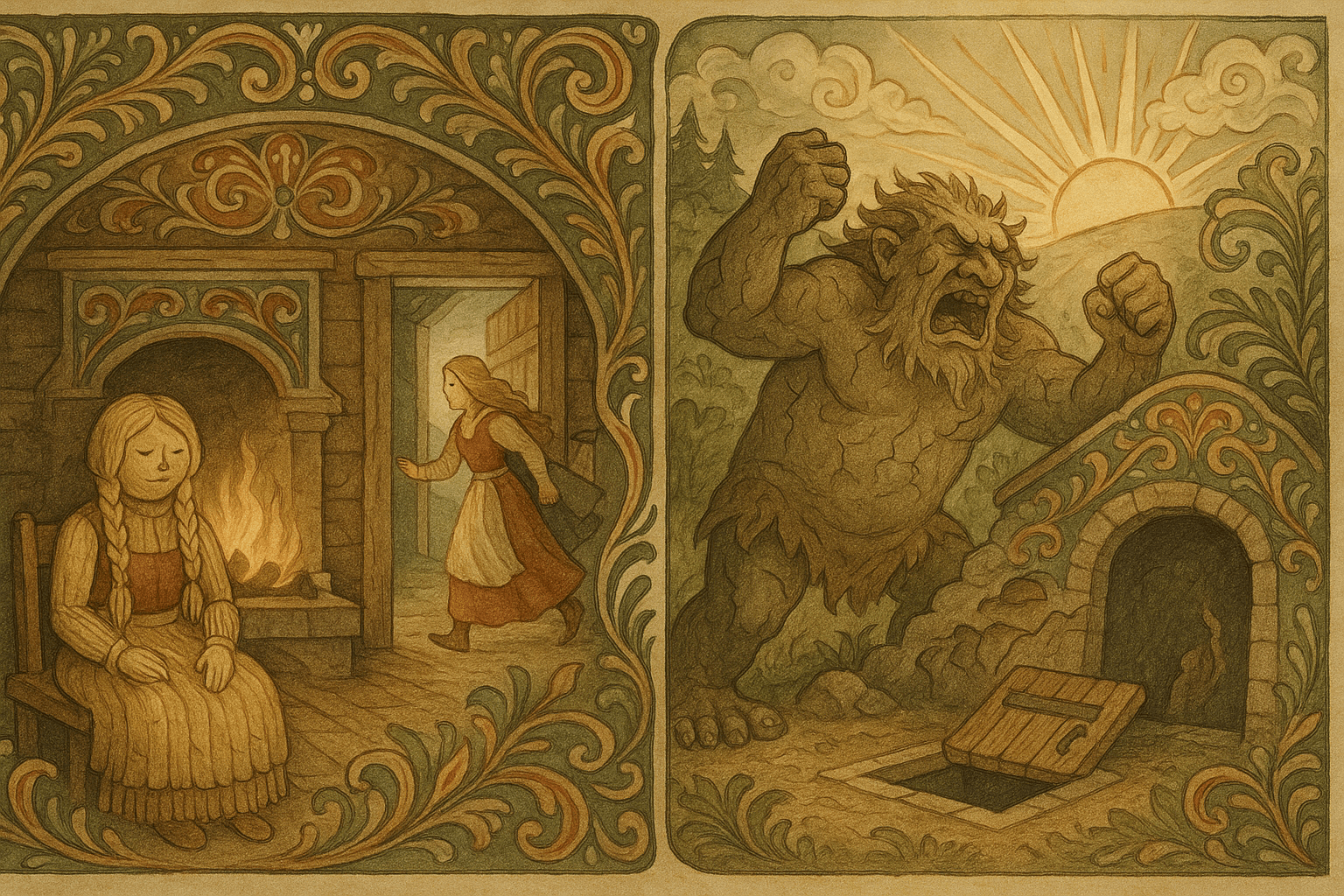 En halmjente sitter ved peisen som lokkemann, mens en skytter skjuler seg; utenfor flykter trollet i sollyset som treffer bergveggen og får ham til å sprekke.