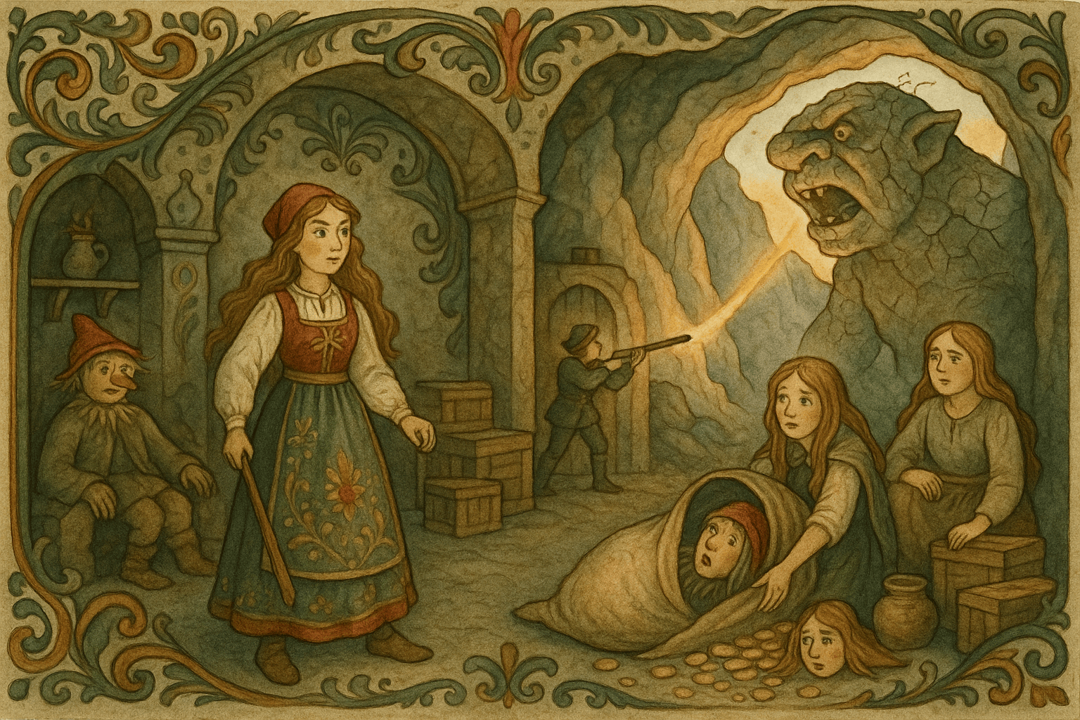 Den yngste datteren har vekket sine søstre i en underjordisk hvelving; gull- og sølvssekker ligger omkring og en halmdukke står ved peisen. En skyteskytter utenfor skyter, og sollys treffer bergveggen der trollet rekker å sprekke.
