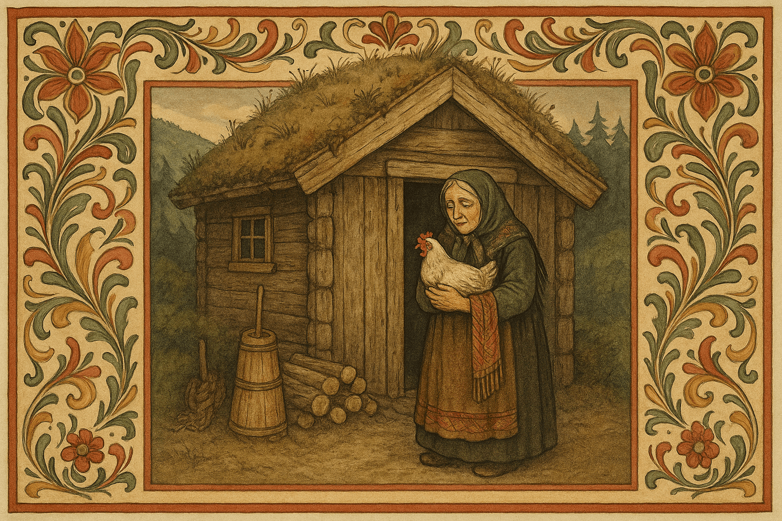 En gammel enke holder sin kjære høne utenfor en liten torvhus ved foten av en ås, omgitt av enkle redskaper og furutrær.