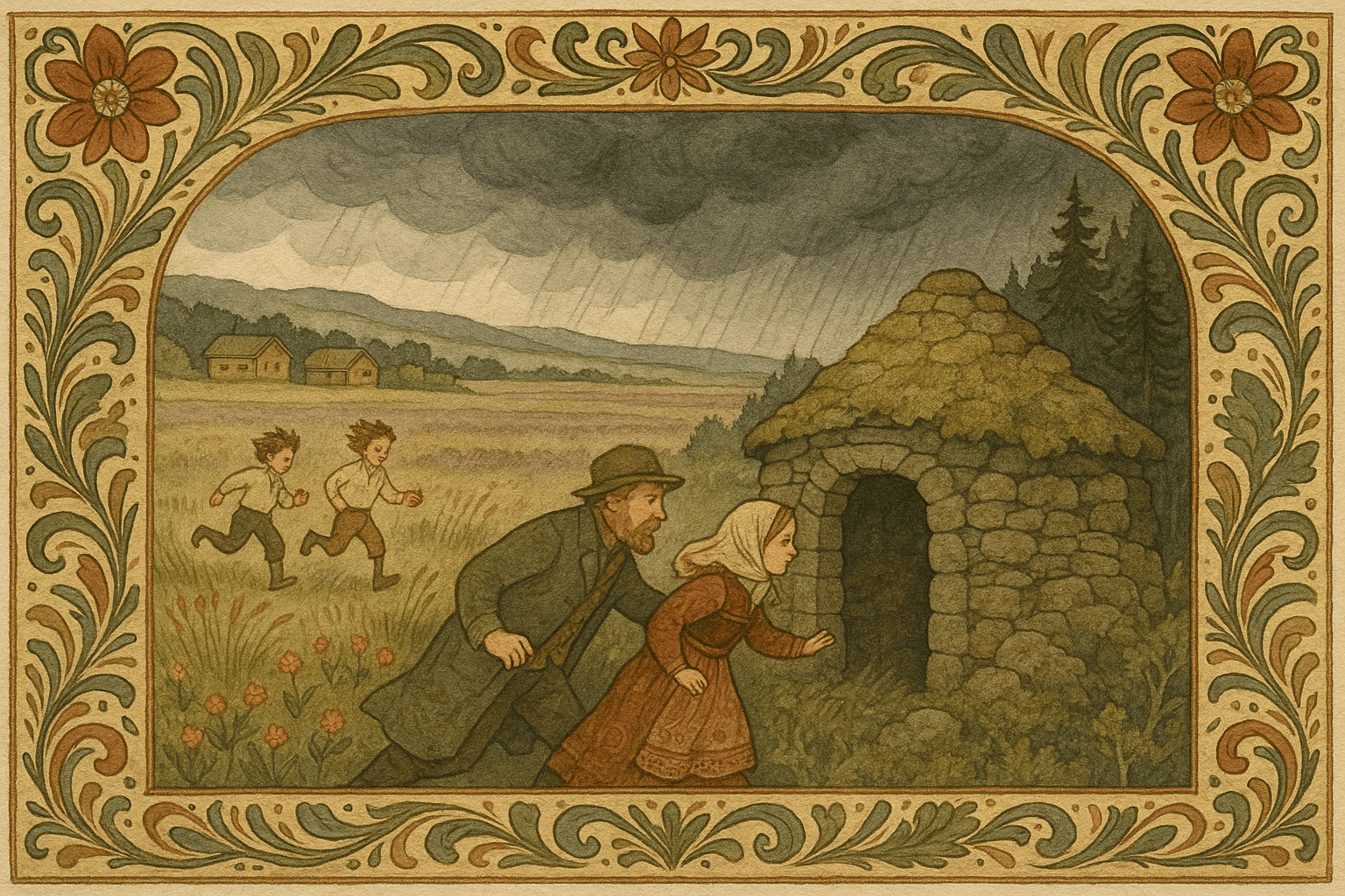 På myra plukker småguttene multer mens tunge skymasser samler seg; en gulnet barhytte skimtes ute på odden og læreren og Marie skynder mot vardehytta.