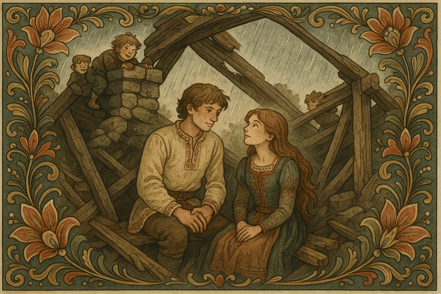 I vardehyttens krok sitter læreren og Marie tett på en smal benk under en liten taksnipp; regnet trommer utenfor og Marie begynner å fortelle om sin huldreslekt.