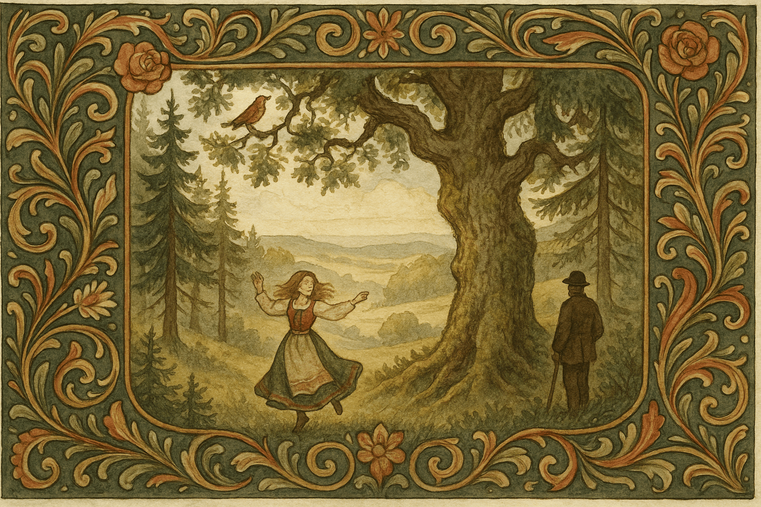 Etter regnet danser Marie under gamle eken mens en gulbrystet sanger triller i kronen; læreren ser på henne utover solbelyste Øvre-Romerike.