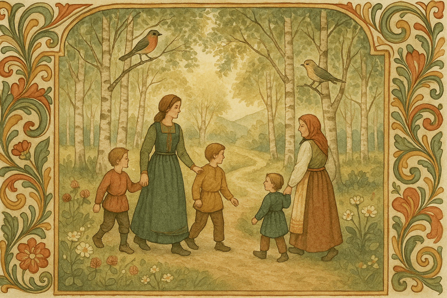 Lærer, jomfru Marie, smågutter og mor Bjerke går opp gjennom en bjerkehage i morgensol; duggperlene glitrer på kløver og fugler flyr i trekronene.