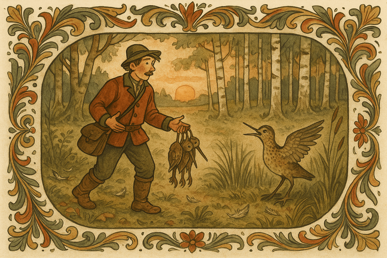 Jegeren kommer tilbake med et knippe døde myrsniper, mens den voksne snipa uttrykker sorg og forargelse ved myrkanten.