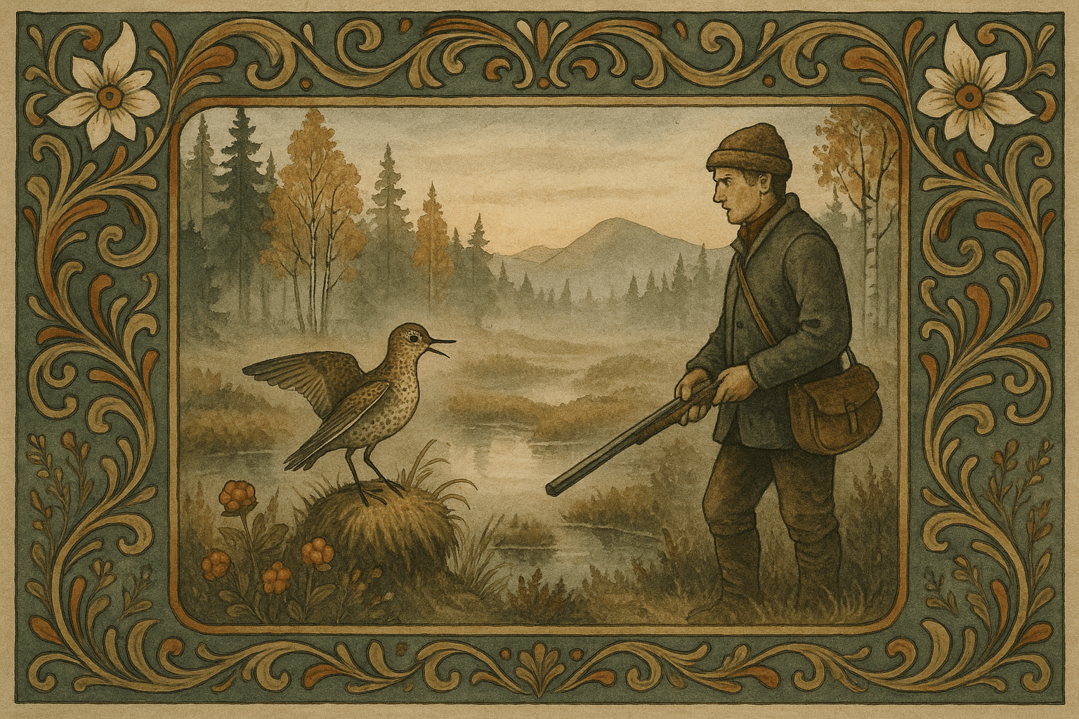 En jeger står ved kanten av en myr i norsk skog mens en myrsnipe sitter på en tue og ser bedende mot ham.