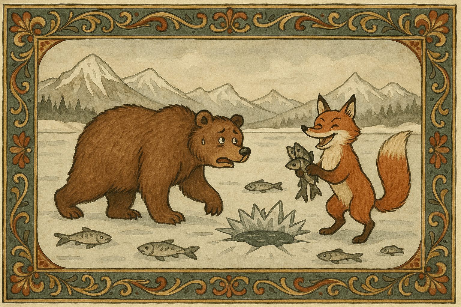 Bjørnen går bort stubbrumpet fra et hull i isen mens reven står ved hullet og ler og holder fisk.