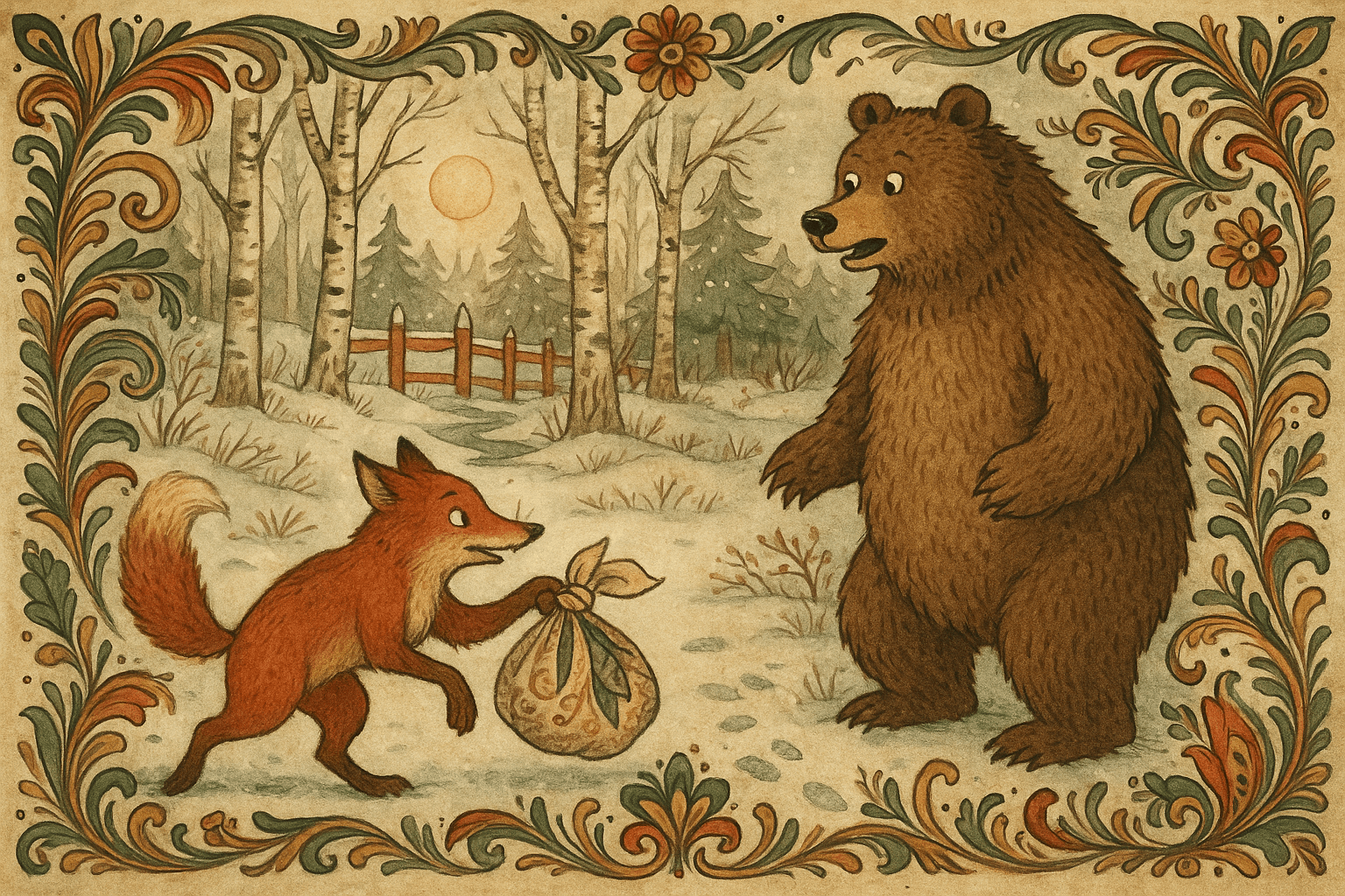 Reven kommer luskende med et knippe stjålne fisk mens bjørnen ser nysgjerrig på i en snødekt norsk skog.