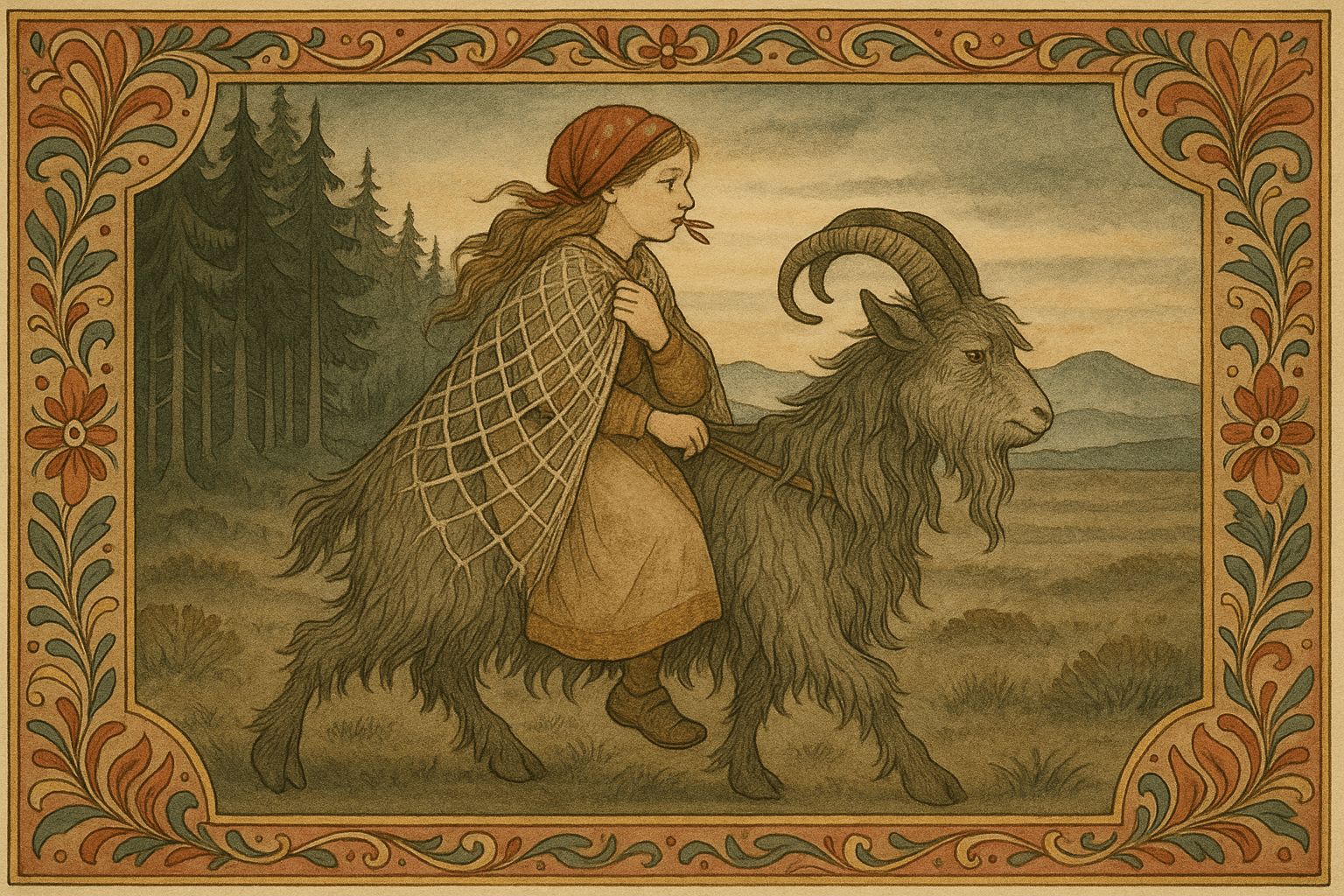 Jenta sitter på en saubukk i skumring, med tre byggkorn i munnen og et ull-nett over seg; bukkens ben sleper langs bakken.