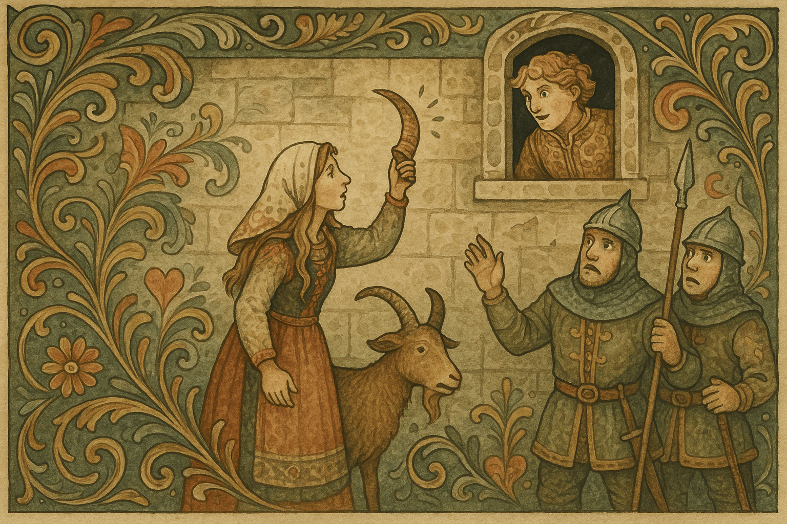 Jenta står ved palassvinduet med et avrevet bukkehorn og banker på; prinsen titter forskrekket ut mens vakter og bukken står nedenfor.